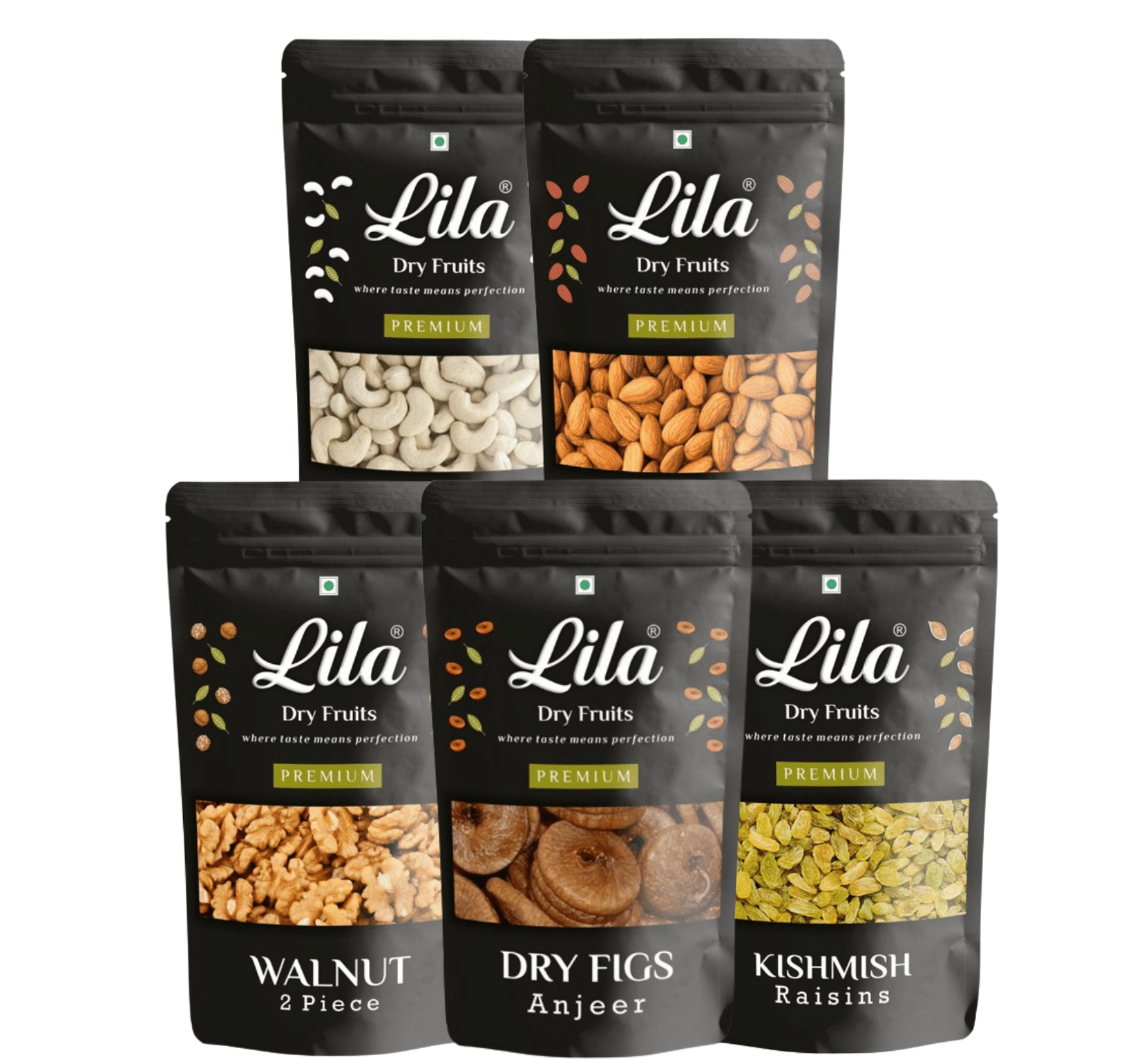 Lila Dry Fruits Combo Pouch Pack 1Kg (5x200g) Almond, California Walnut, Anjeer, Cashew, Raisin Lila Dry Fruits Combo Pouch Pack 1Kg (5x200g) Almond, California Walnut, Anjeer, Cashew, Raisin