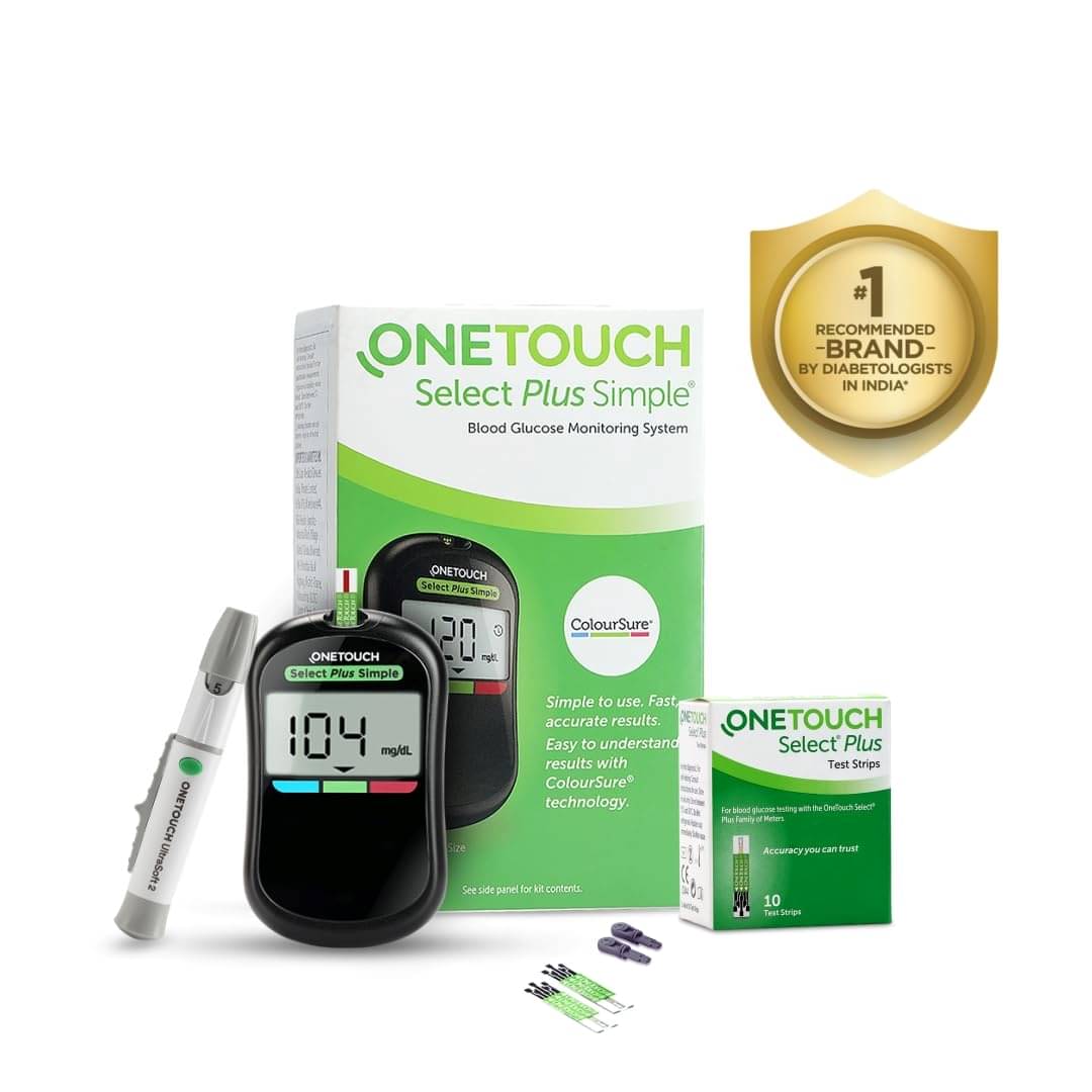     			Onetouch Select Plus Simple Glucometer | Free 10 Test Strips + 10 Lancets + 1 Lancing Device