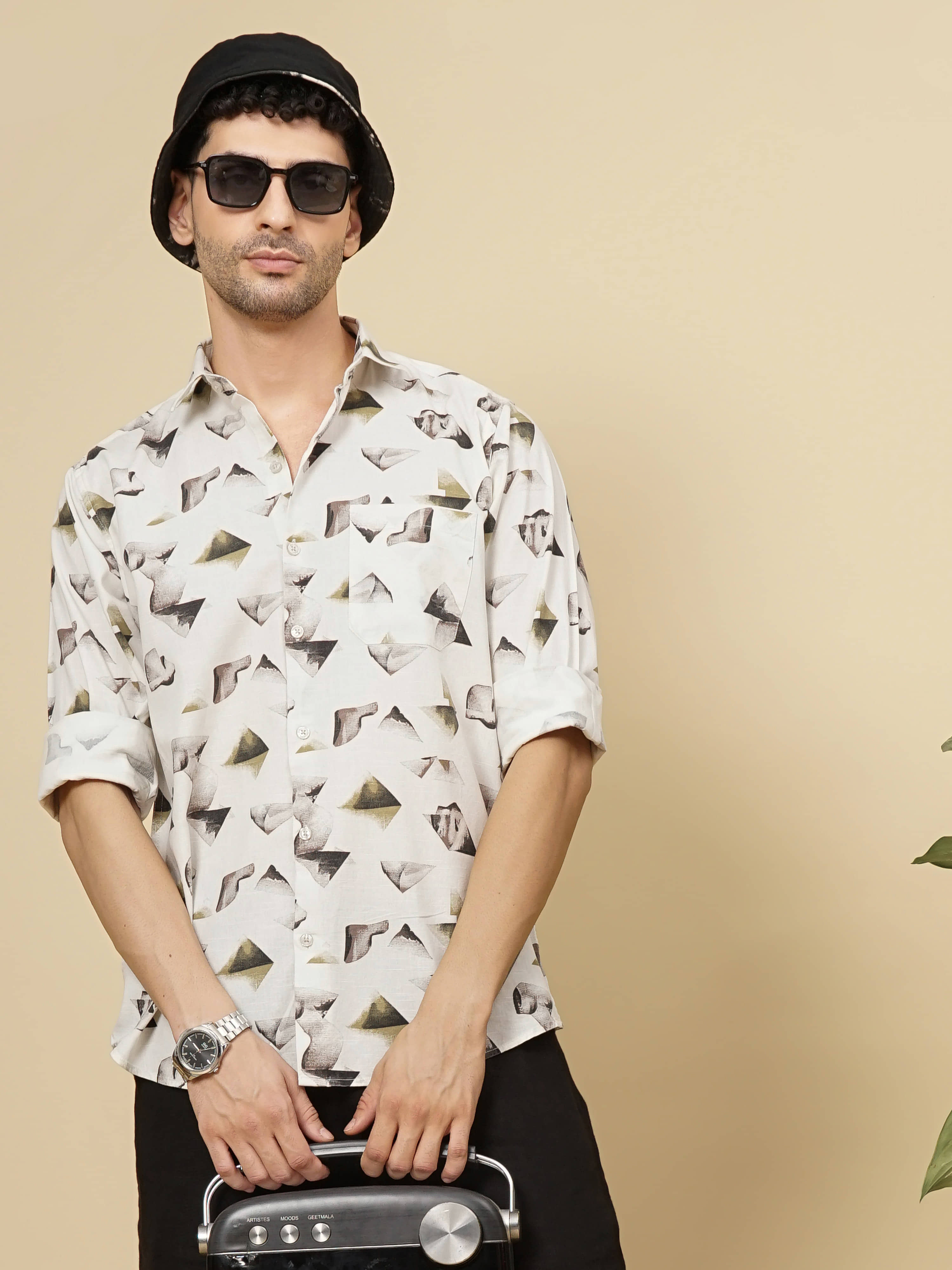 Paul Street Linen Slim Fit Printed Full Sleeves Men's Casual Shirt - Cream ( Pack of 1 )