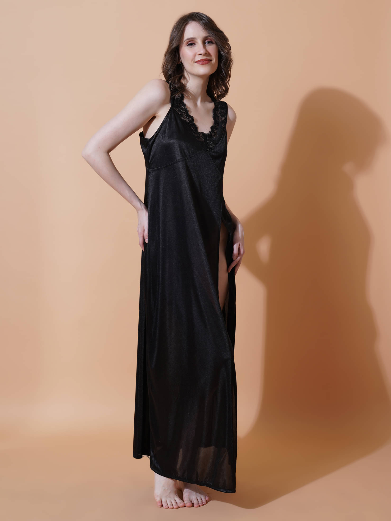     			Reposey International Black Satin Women's Nightwear Nighty & Night Gowns ( Pack of 1 )