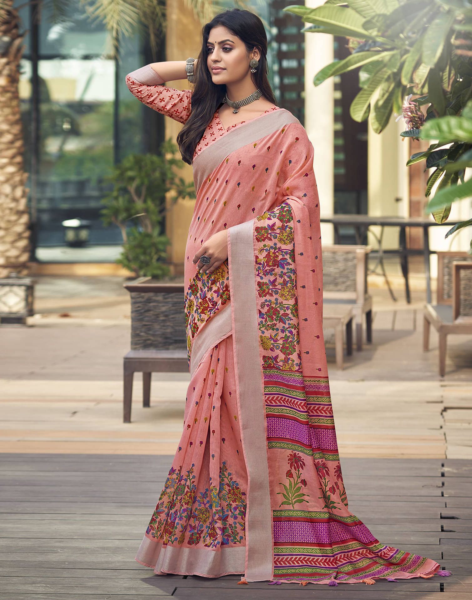 Samah Cotton Printed Saree With Unstitched Blouse Piece ( Peach )     			Samah Cotton Printed Saree With Unstitched Blouse Piece ( Peach )