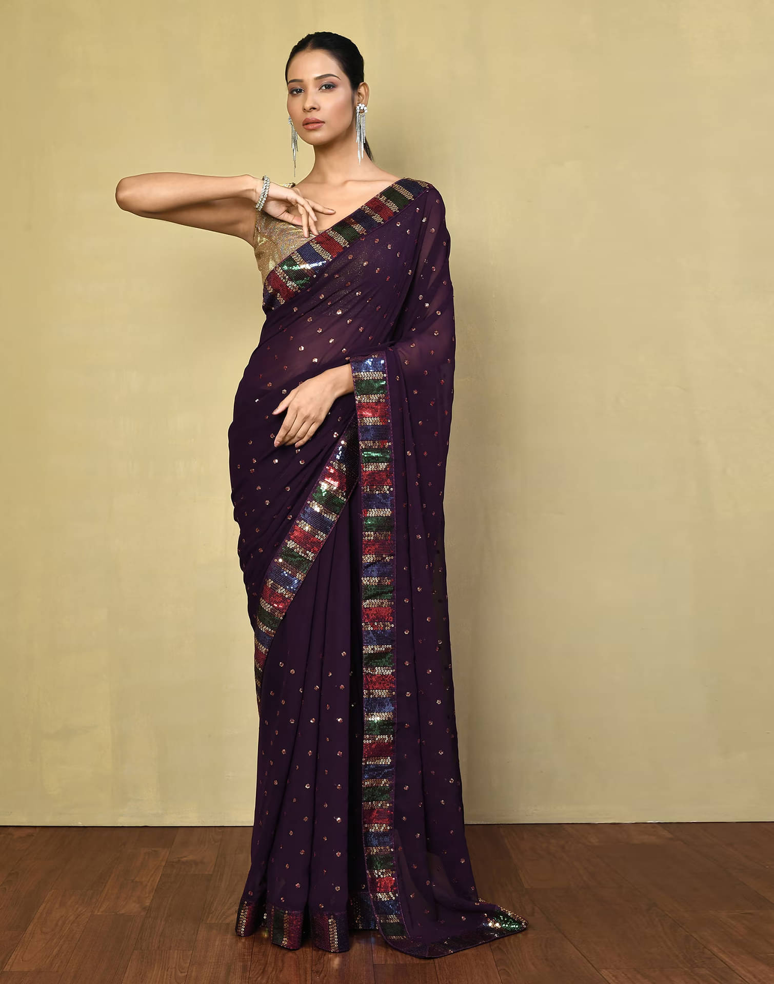 Samah Georgette Embellished Saree With Unstitched Blouse Piece ( Purple ) Samah Georgette Embellished Saree With Unstitched Blouse Piece ( Purple )