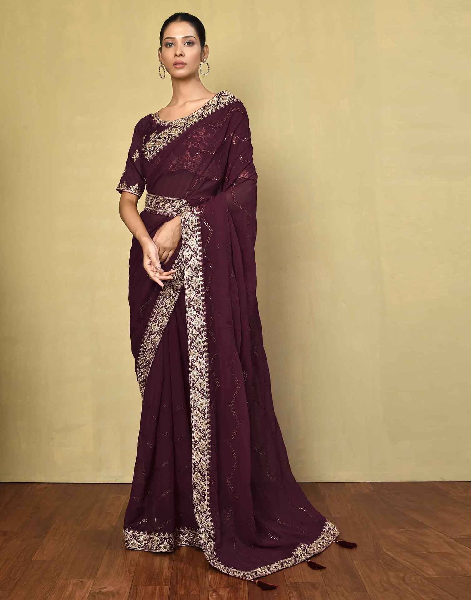     			Samah Georgette Embellished Saree With Unstitched Blouse Piece ( Maroon )