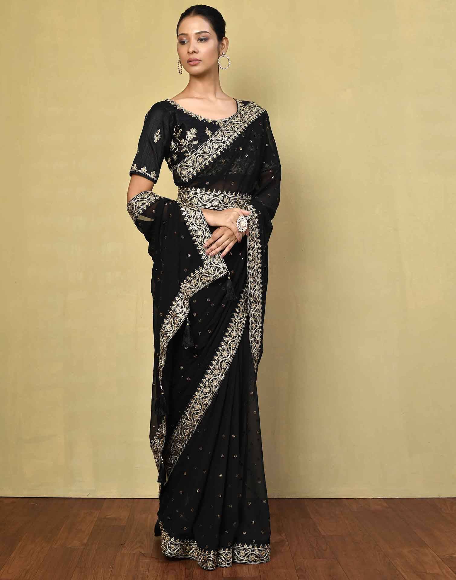     			Samah Georgette Embellished Saree With Unstitched Blouse Piece ( Black )