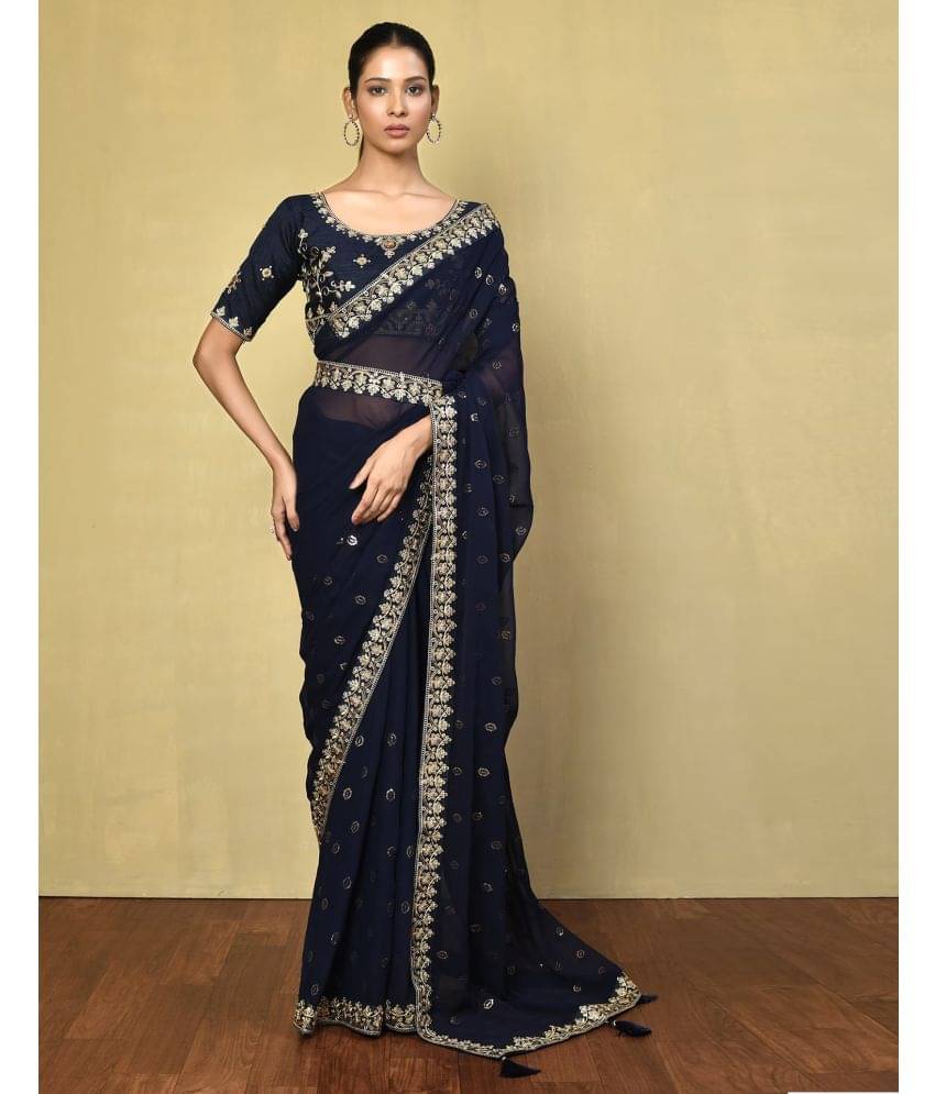     			Samah Georgette Embellished Saree With Unstitched Blouse Piece ( Navy Blue )