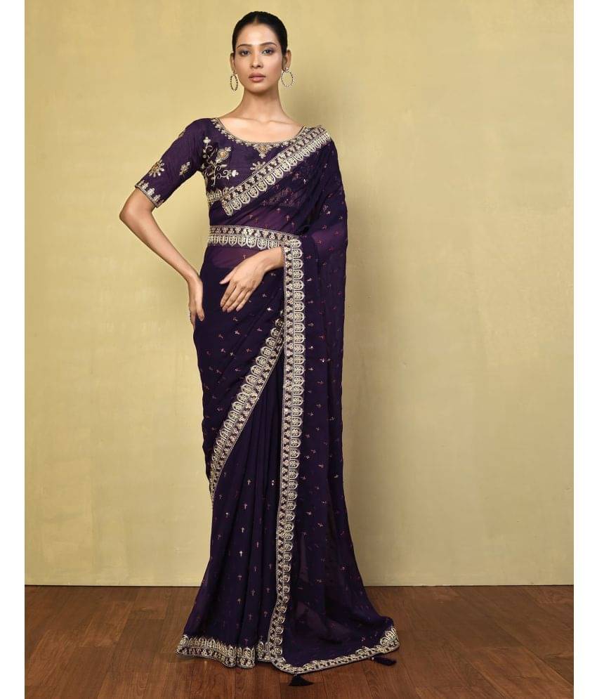 Samah Georgette Embellished Saree With Unstitched Blouse Piece ( Purple ) Samah Georgette Embellished Saree With Unstitched Blouse Piece ( Purple )