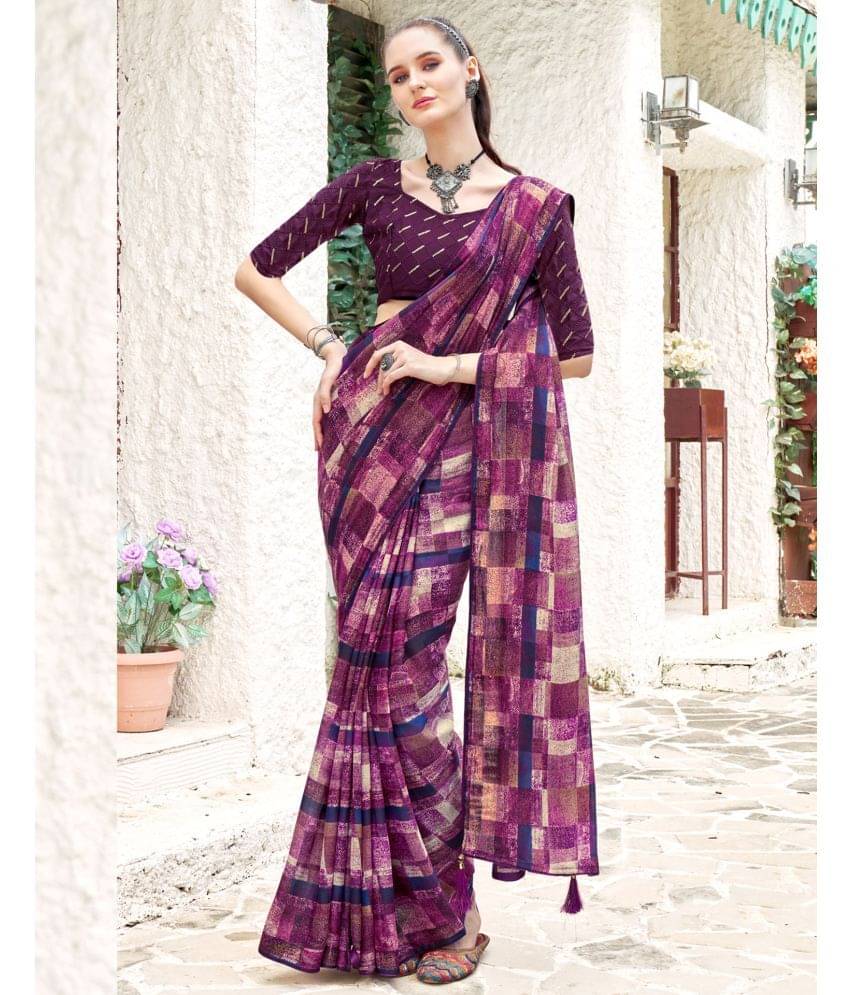     			Samah Georgette Printed Saree With Unstitched Blouse Piece ( Purple )