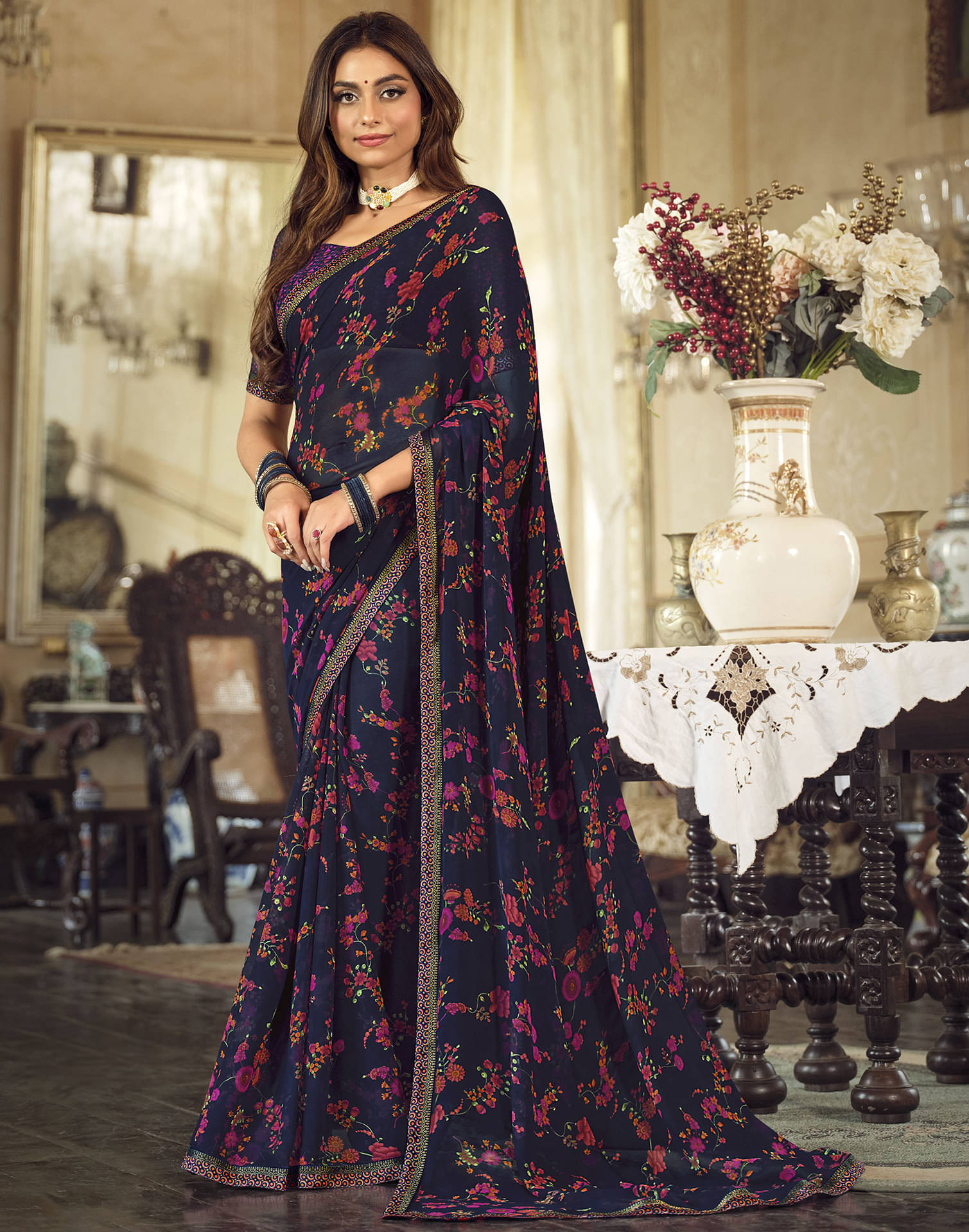 Samah Georgette Printed Saree With Unstitched Blouse Piece ( Navy Blue ) Samah Georgette Printed Saree With Unstitched Blouse Piece ( Navy Blue )