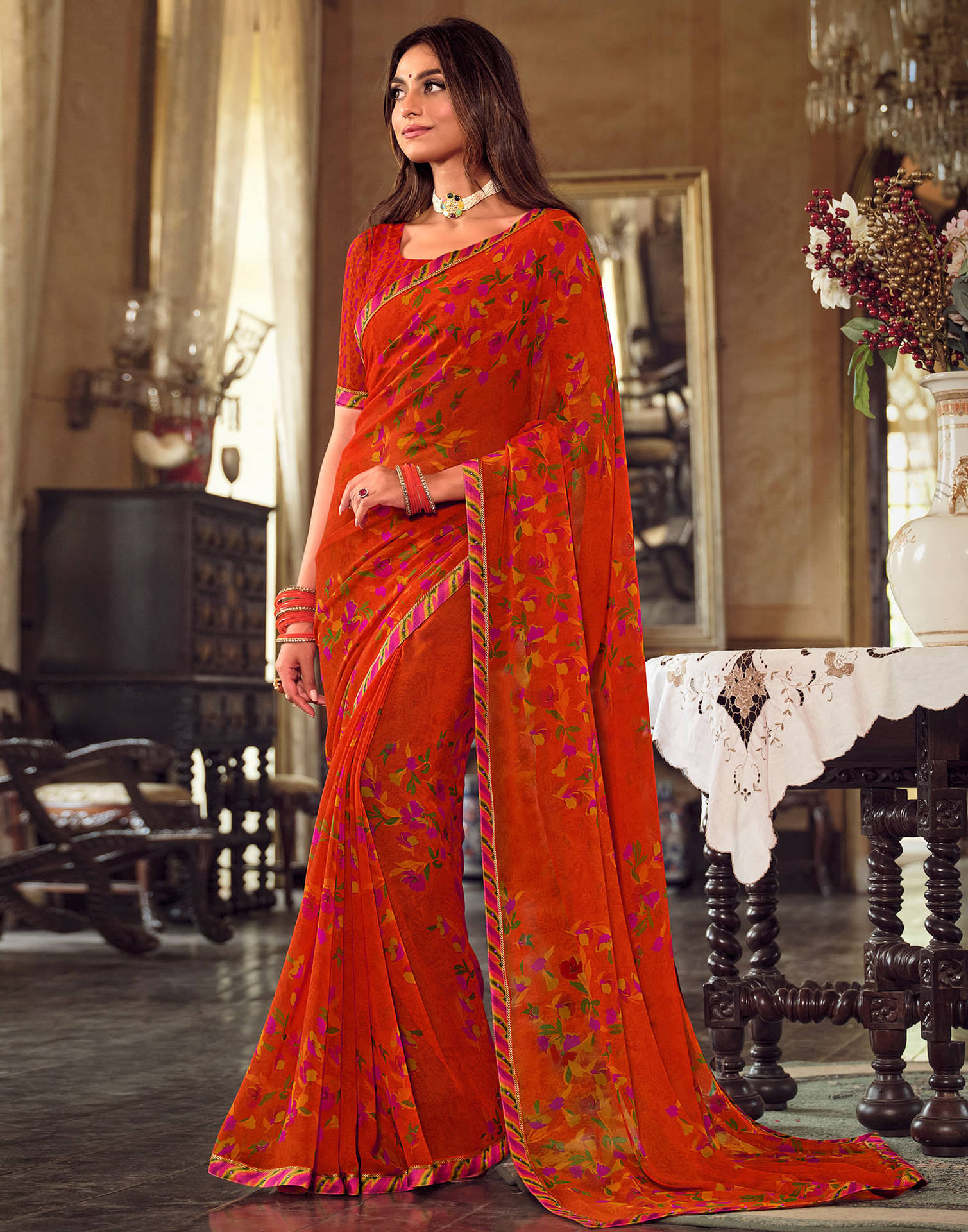     			Samah Georgette Printed Saree With Unstitched Blouse Piece ( Orange )