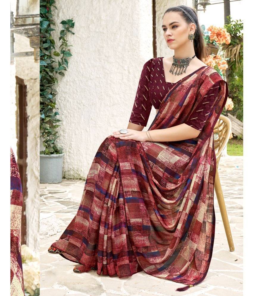 Samah Georgette Printed Saree With Unstitched Blouse Piece ( Wine ) Samah Georgette Printed Saree With Unstitched Blouse Piece ( Wine )