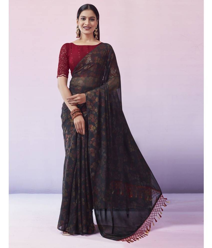     			Samah Georgette Printed Saree With Unstitched Blouse Piece ( Black )