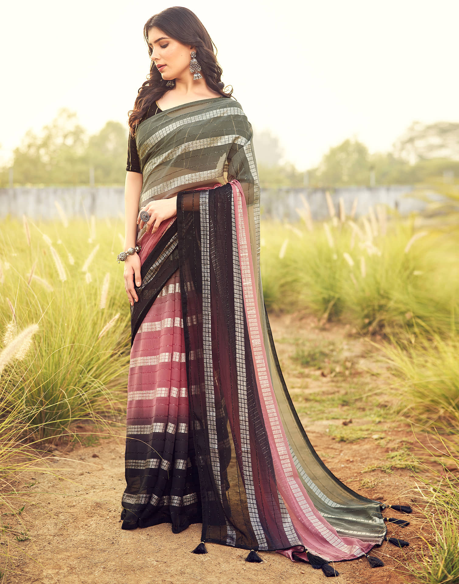 Samah Georgette Striped Saree With Unstitched Blouse Piece ( Teal ) - Sarees | Buy online on ZillyBuy