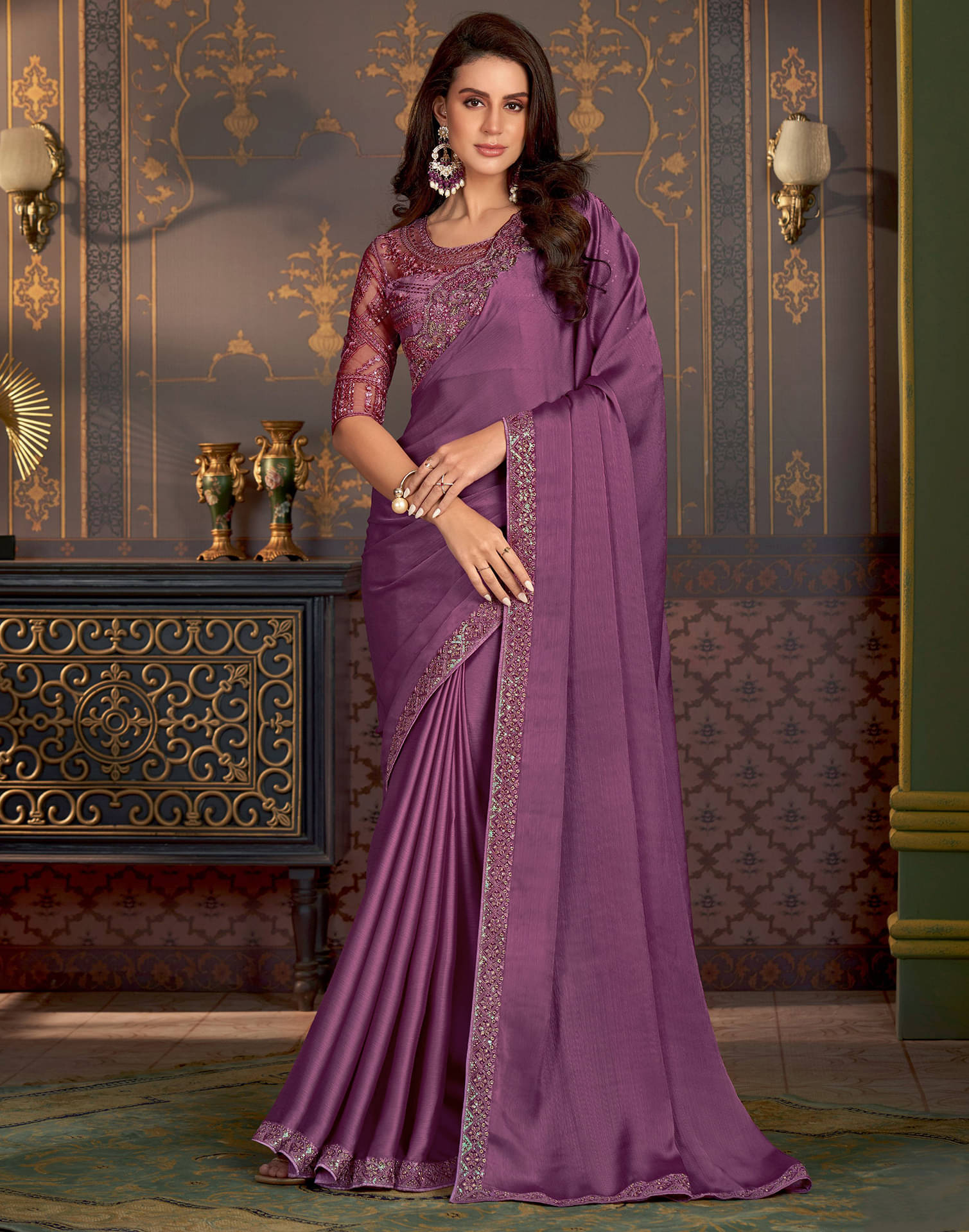     			Samah Satin Solid Saree With Unstitched Blouse Piece ( Purple )