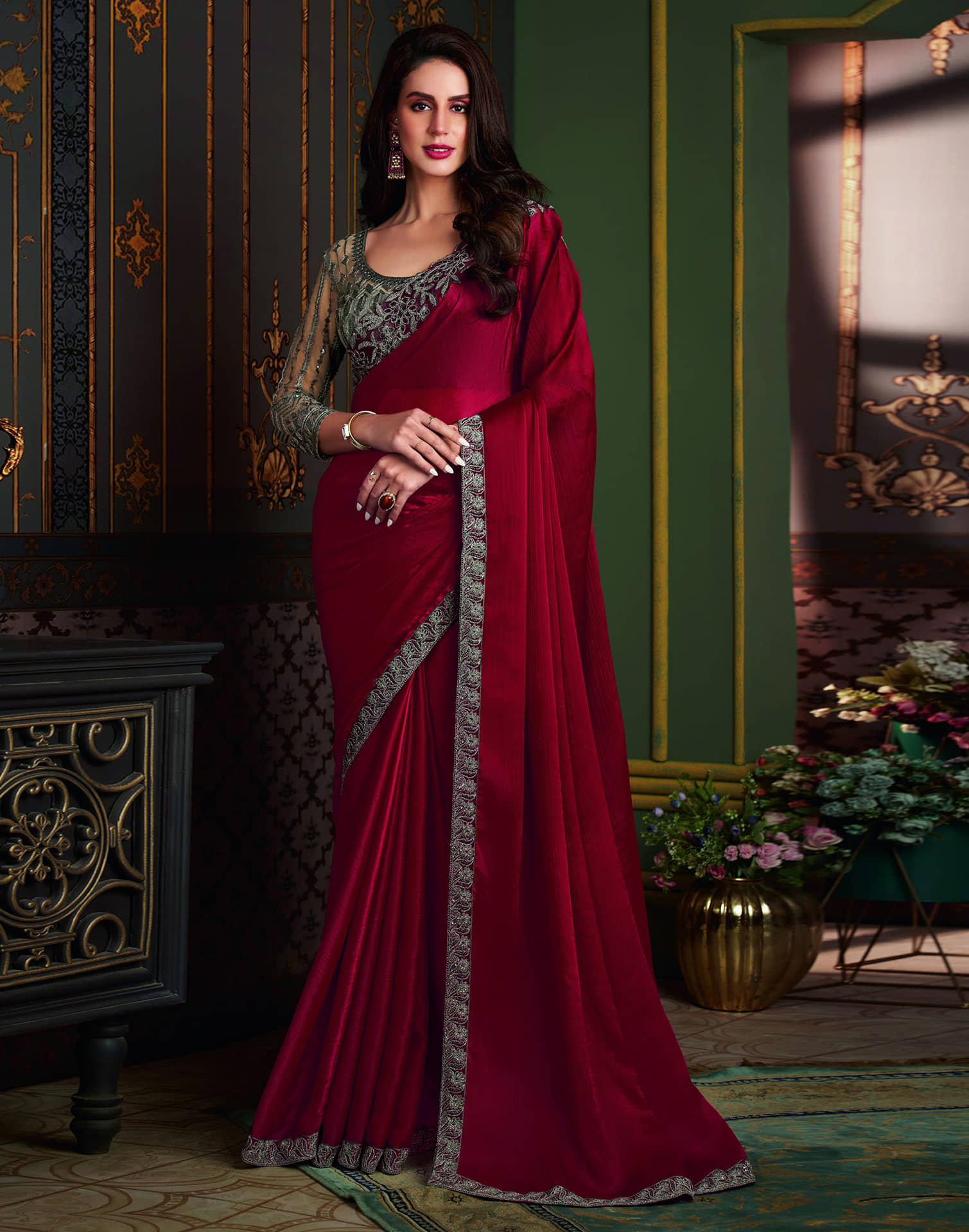 Samah Satin Solid Saree With Unstitched Blouse Piece ( Red ) - Sarees | Buy online on ZillyBuy