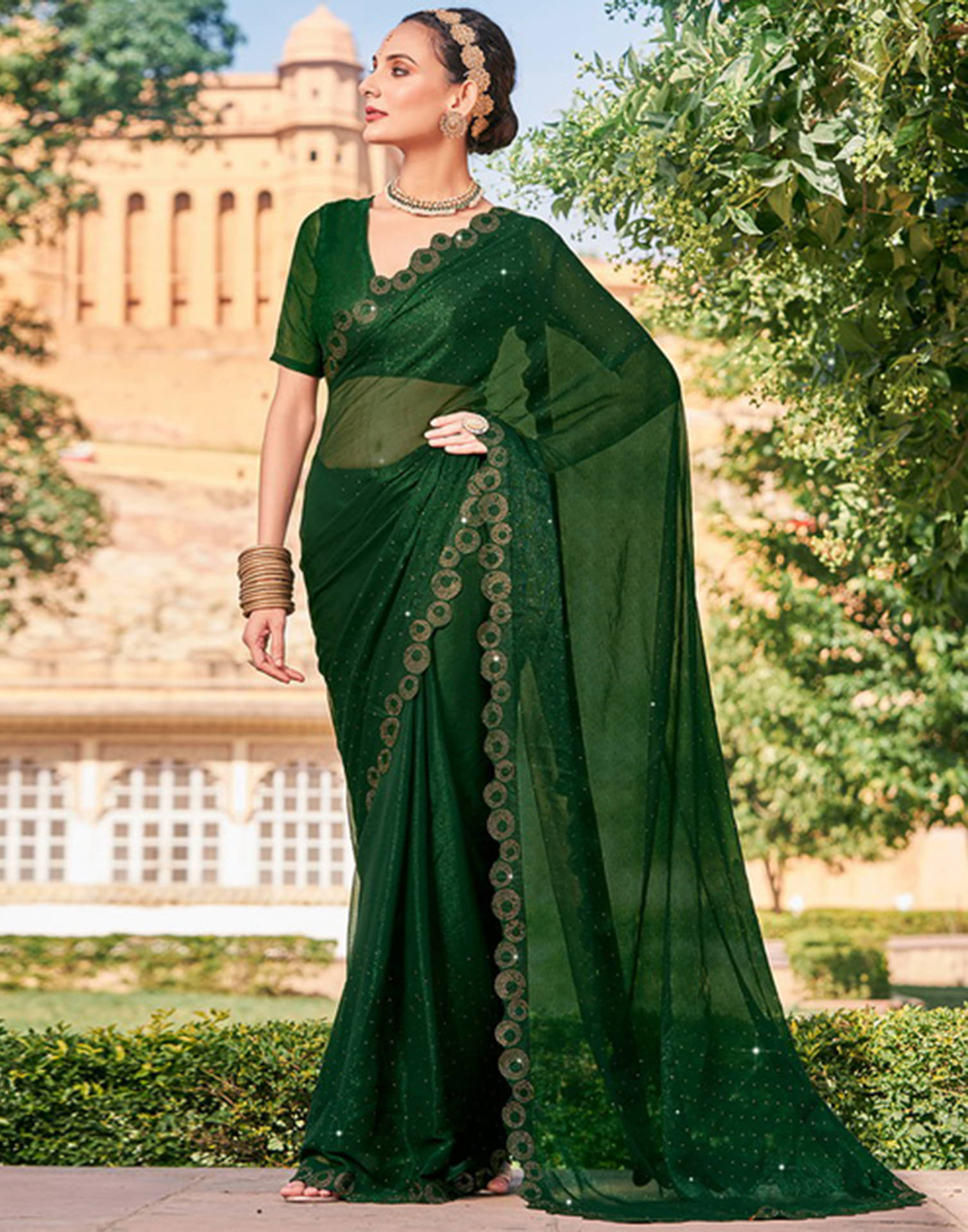 Samah Shimmer Embellished Saree With Unstitched Blouse Piece ( Green ) Samah Shimmer Embellished Saree With Unstitched Blouse Piece ( Green )