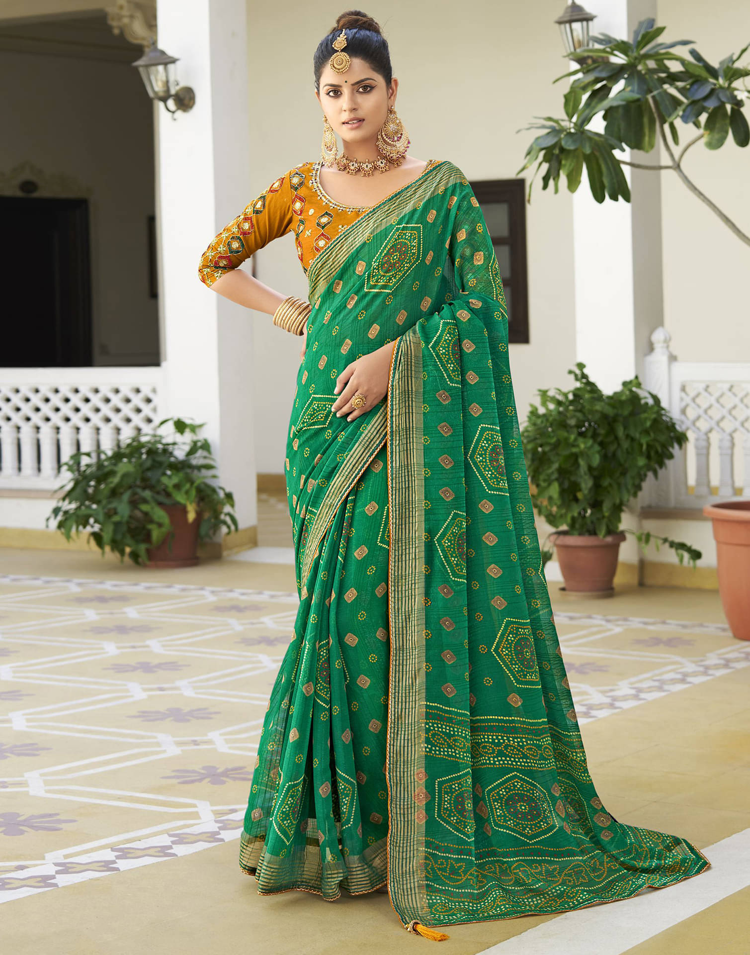     			Samah Shimmer Printed Saree With Unstitched Blouse Piece ( Green )