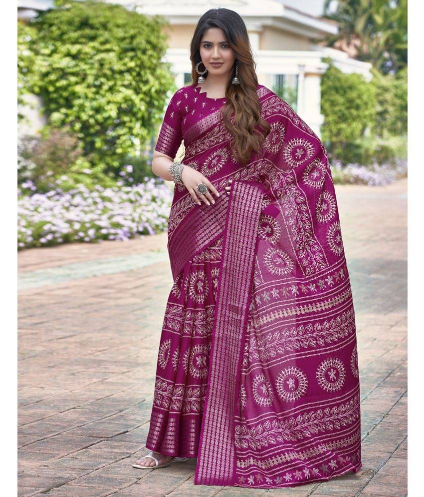     			Samah Silk Printed Saree With Unstitched Blouse Piece ( Pink )