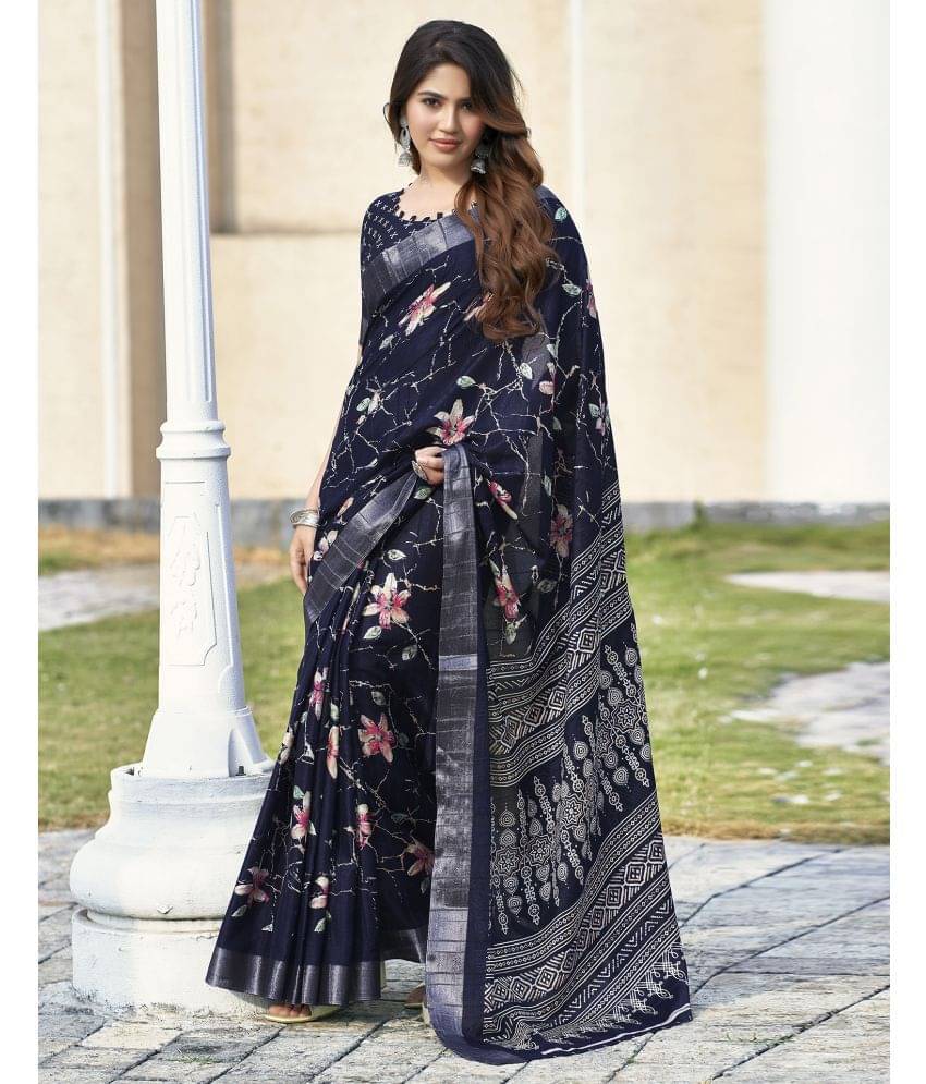     			Samah Silk Printed Saree With Unstitched Blouse Piece ( Navy Blue )