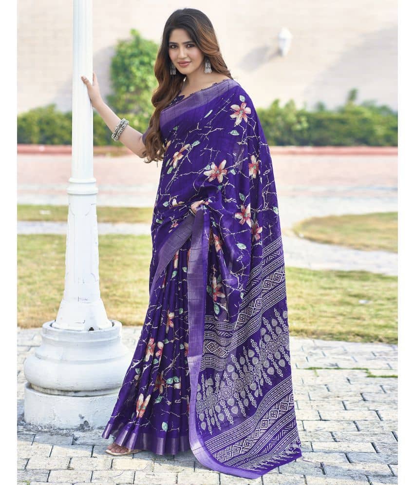 Samah Silk Printed Saree With Unstitched Blouse Piece ( Purple ) - Sarees | Buy online on ZillyBuy