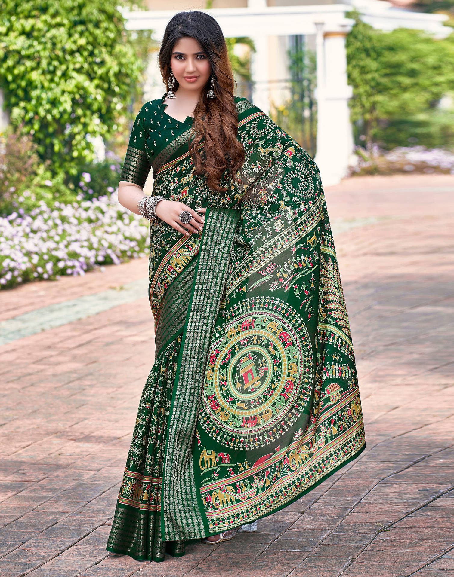 Samah Silk Printed Saree With Unstitched Blouse Piece ( Green ) Samah Silk Printed Saree With Unstitched Blouse Piece ( Green )