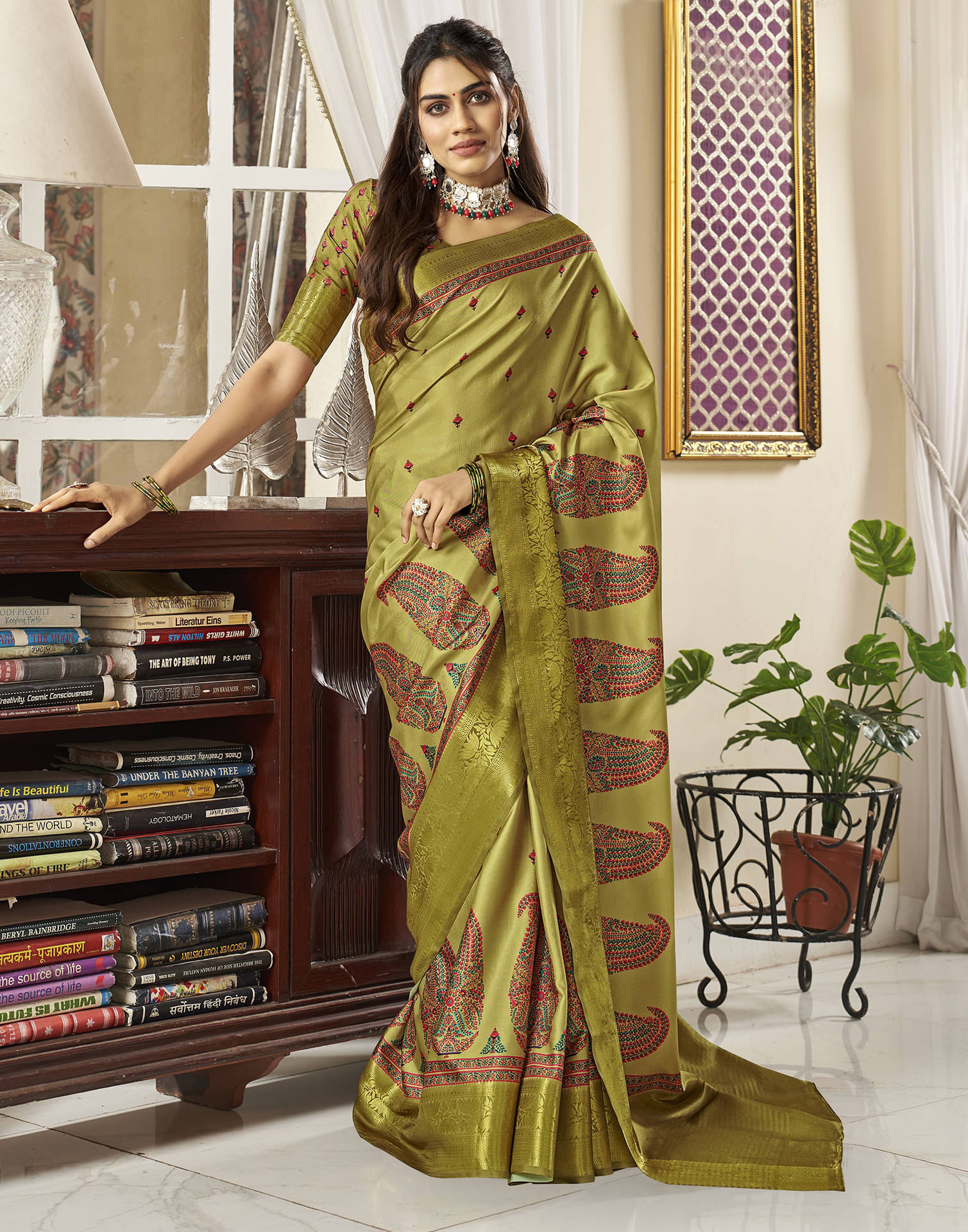     			Samah Silk Woven Saree With Unstitched Blouse Piece ( Olive )