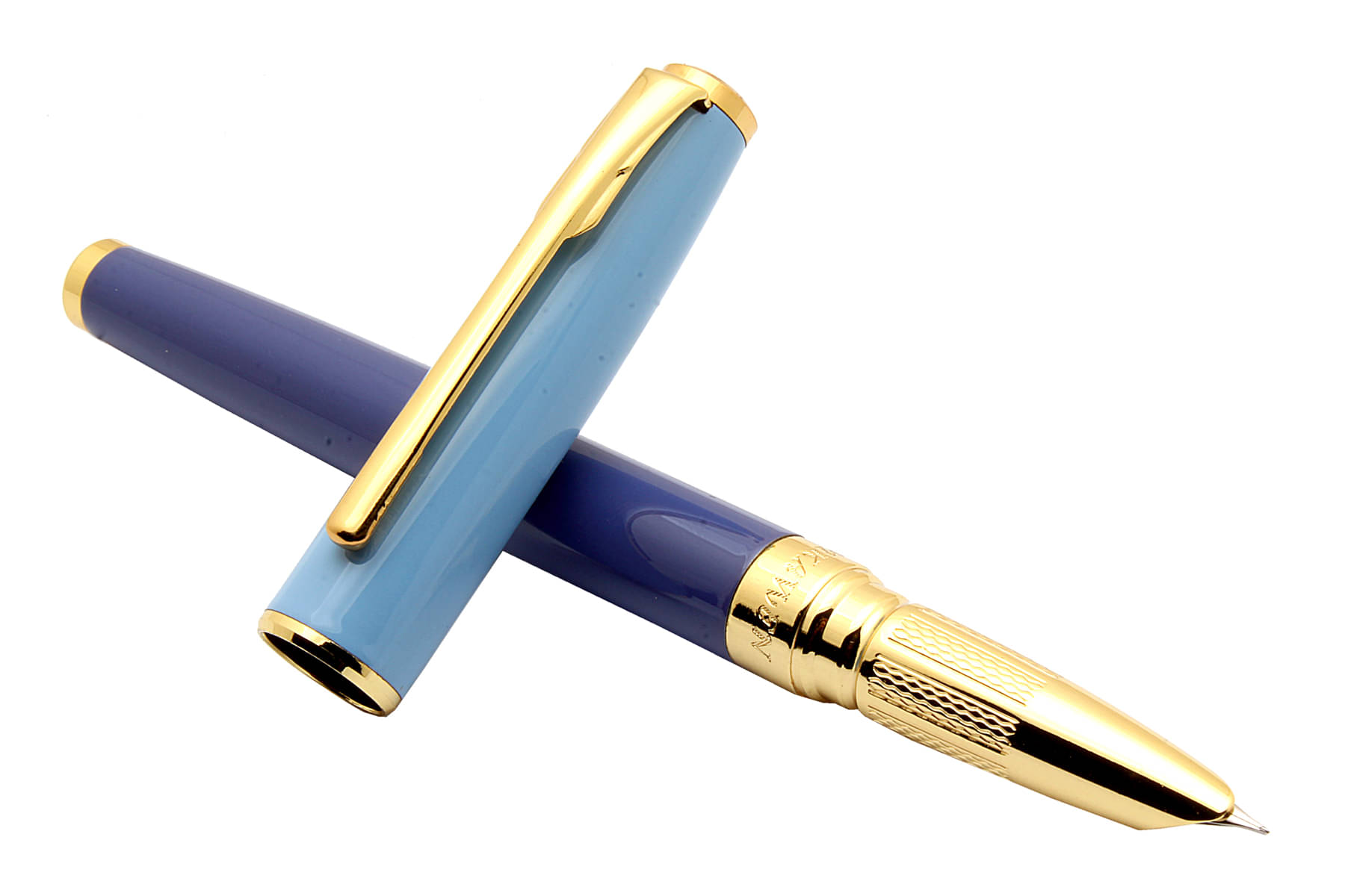     			Srpc 8075 Sky Blue Color Metal Body Fountain Pen With Hooded Fine Nib & Golden Trims