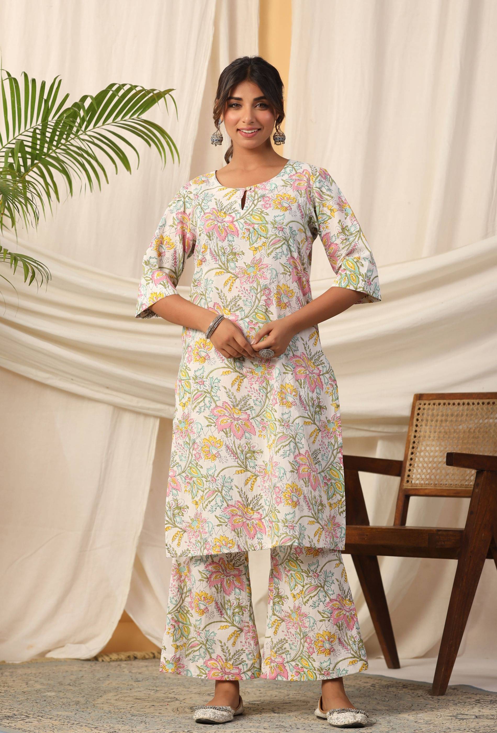     			Vyom Tara Cotton Printed Kurti With Palazzo Women's Stitched Salwar Suit - White ( Pack of 1 )