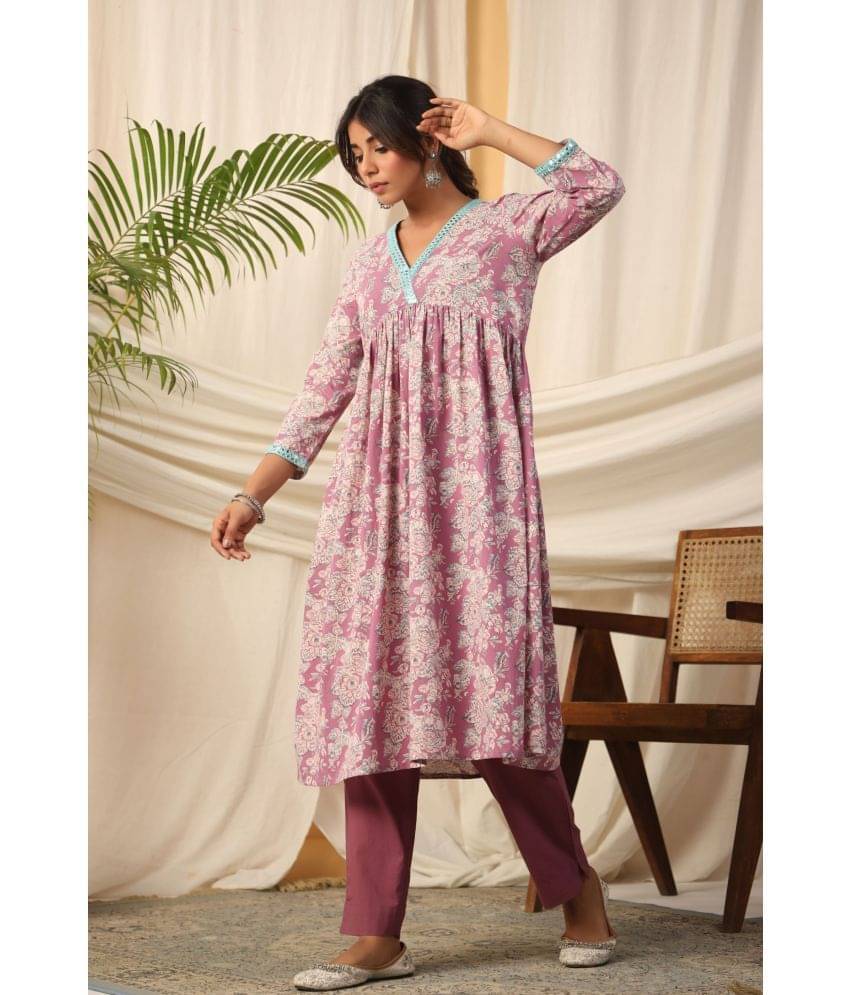     			Vyom Tara Cotton Printed Kurti With Pants Women's Stitched Salwar Suit - Purple ( Pack of 1 )