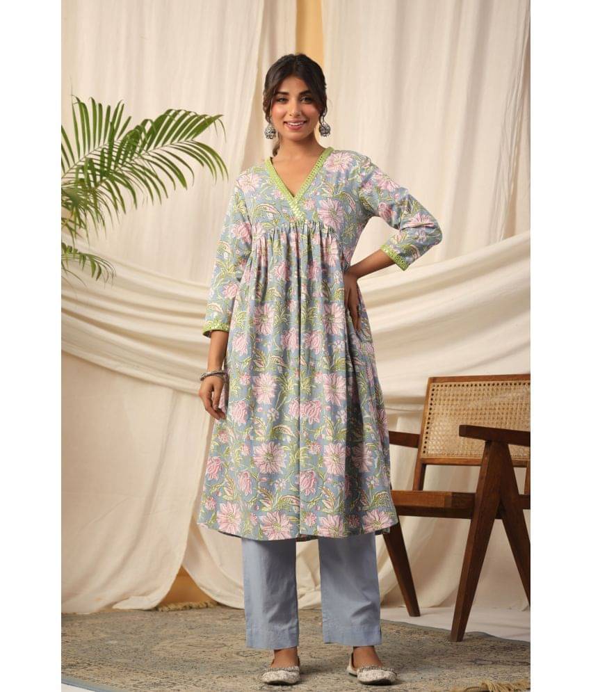     			Vyom Tara Cotton Printed Kurti With Pants Women's Stitched Salwar Suit - Light Blue ( Pack of 1 )