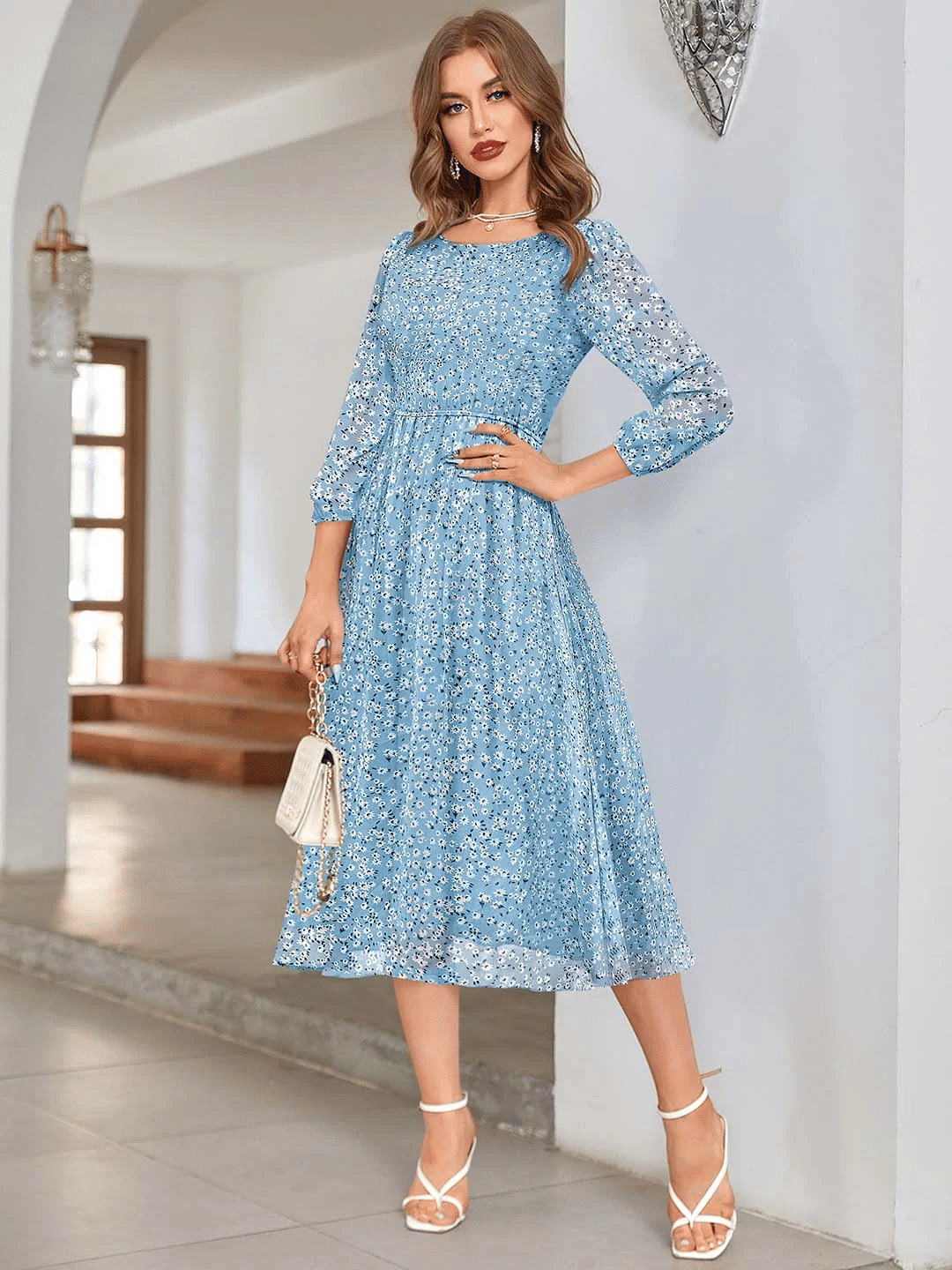kedar fab Georgette Printed Midi Women's Fit & Flare Dress - Blue ( Pack of 1 ) kedar fab Georgette Printed Midi Women's Fit & Flare Dress - Blue ( Pack of 1 )