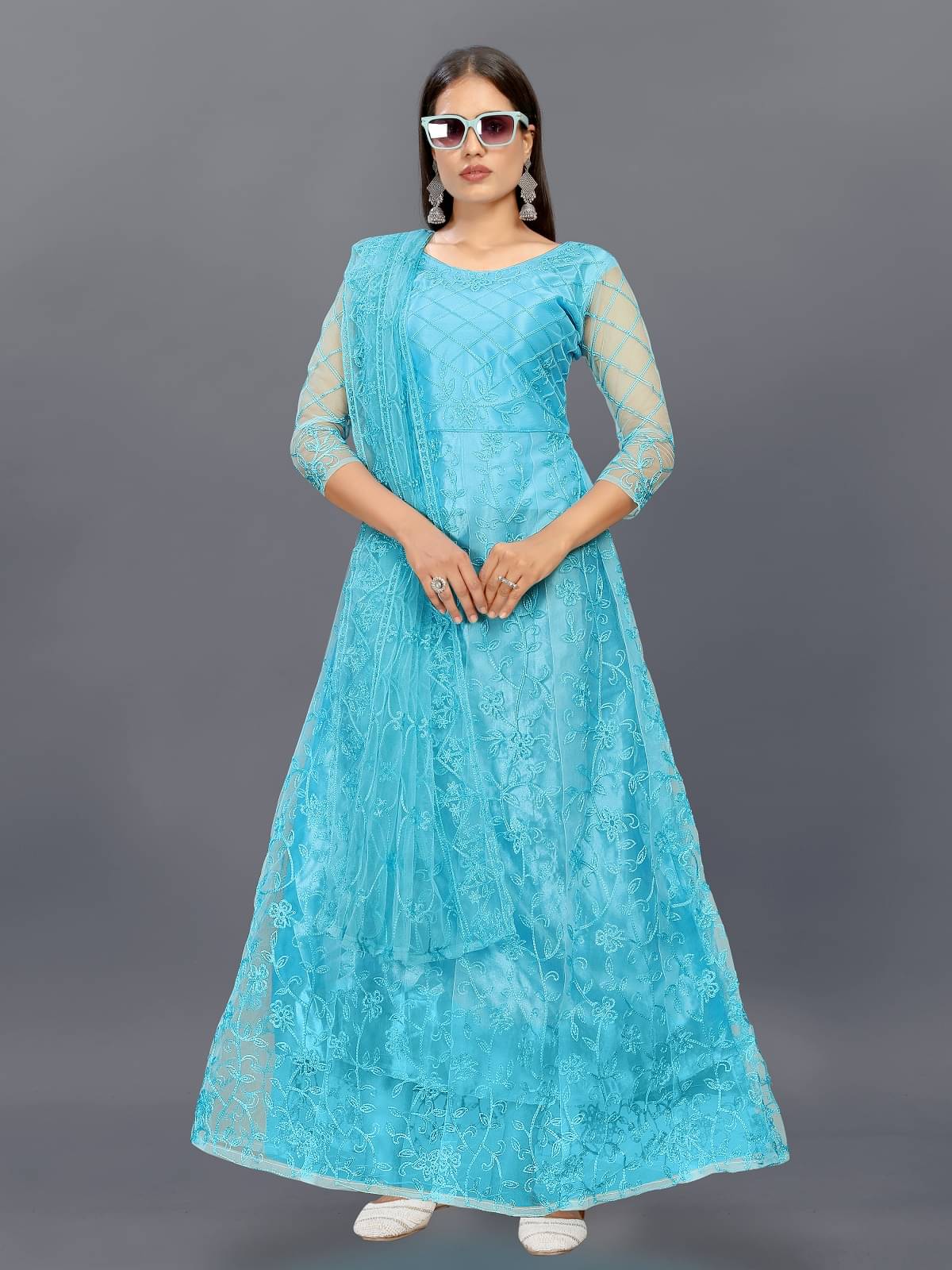 Aika Turquoise Flared Net Women's Semi Stitched Ethnic Gown ( Pack of 1 ) Aika Turquoise Flared Net Women's Semi Stitched Ethnic Gown ( Pack of 1 )