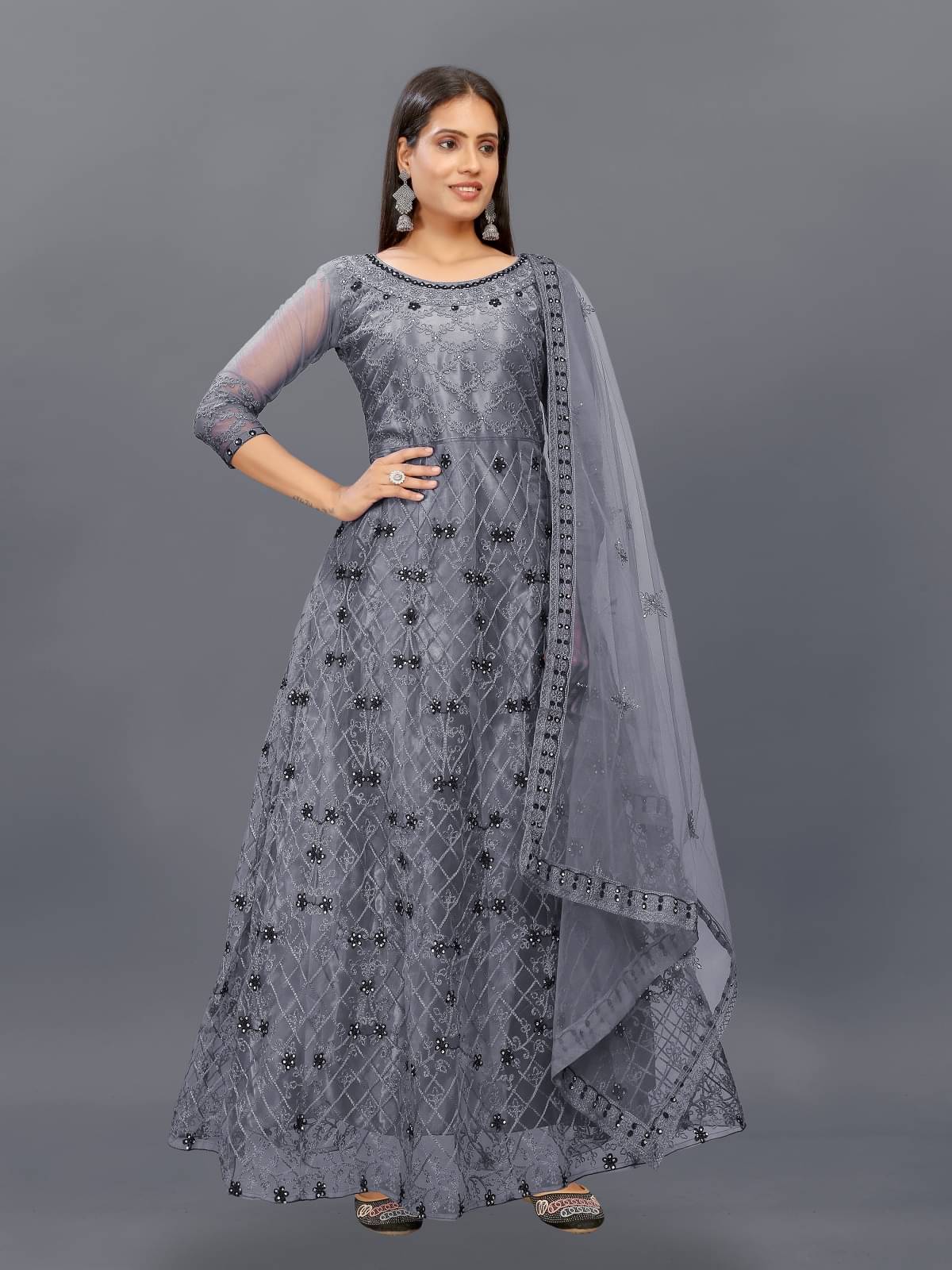    			Apnisha Grey Flared Net Women's Semi Stitched Ethnic Gown ( Pack of 1 )