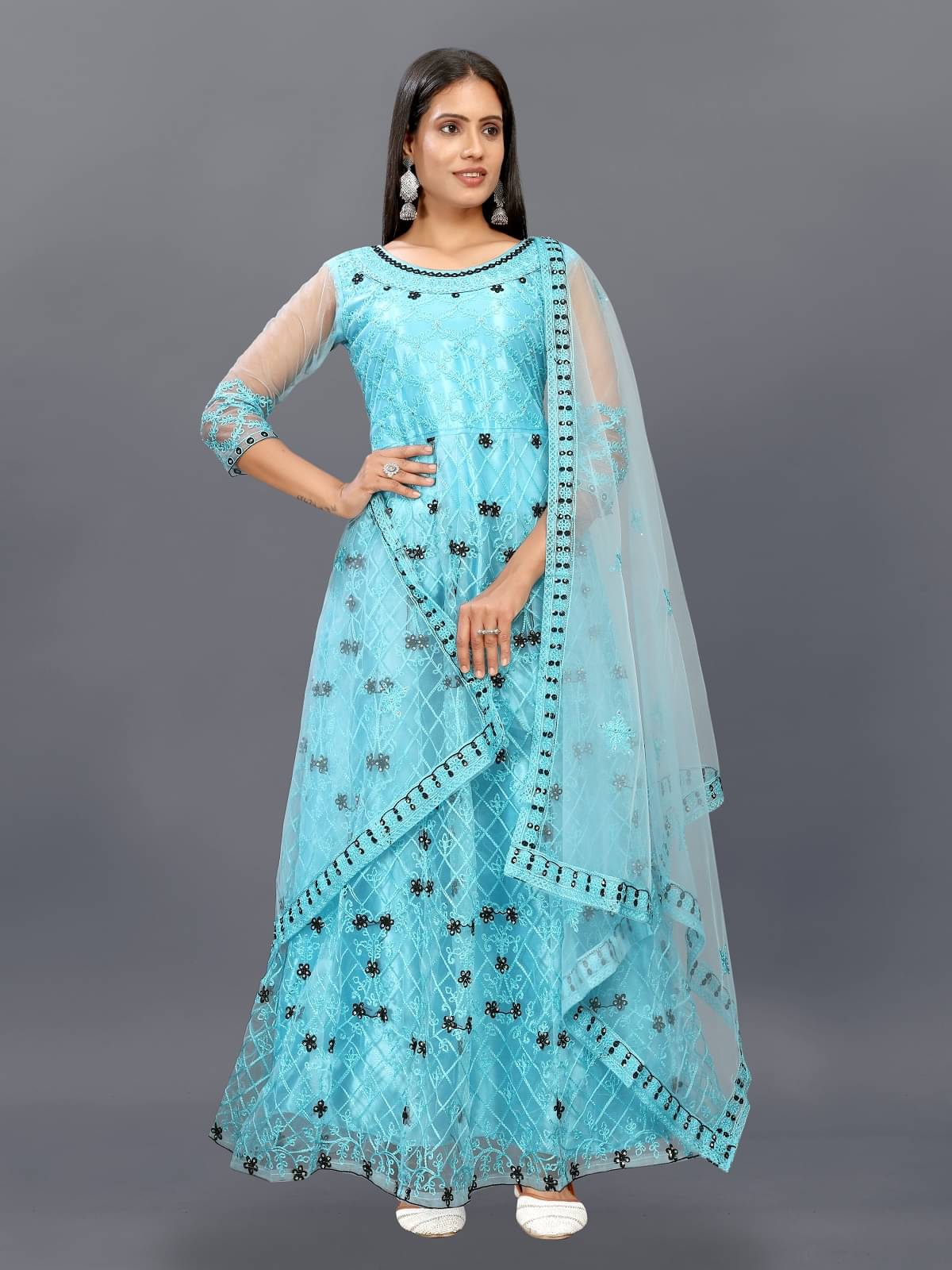     			Apnisha Turquoise Flared Net Women's Semi Stitched Ethnic Gown ( Pack of 1 )