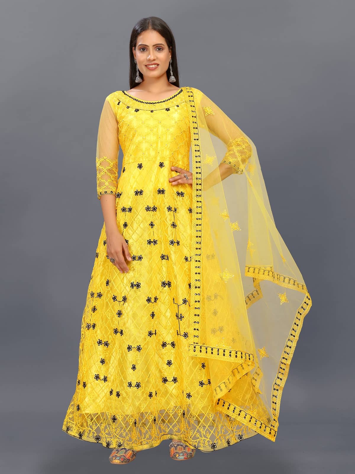 Apnisha Yellow Flared Net Women's Semi Stitched Ethnic Gown ( Pack of 1 ) - Unstitched Fabrics | Buy online on ZillyBuy