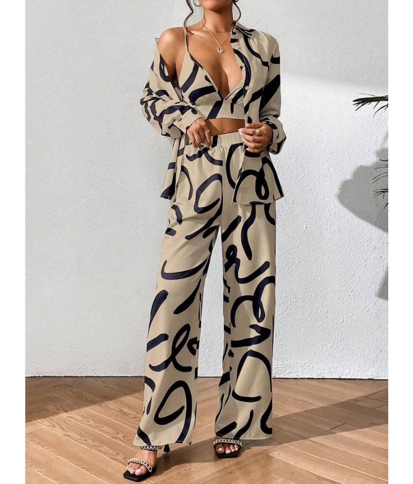     			COOL AND CASUAL Women Printed Top With Palazzos Co-Ord Set ( Beige )