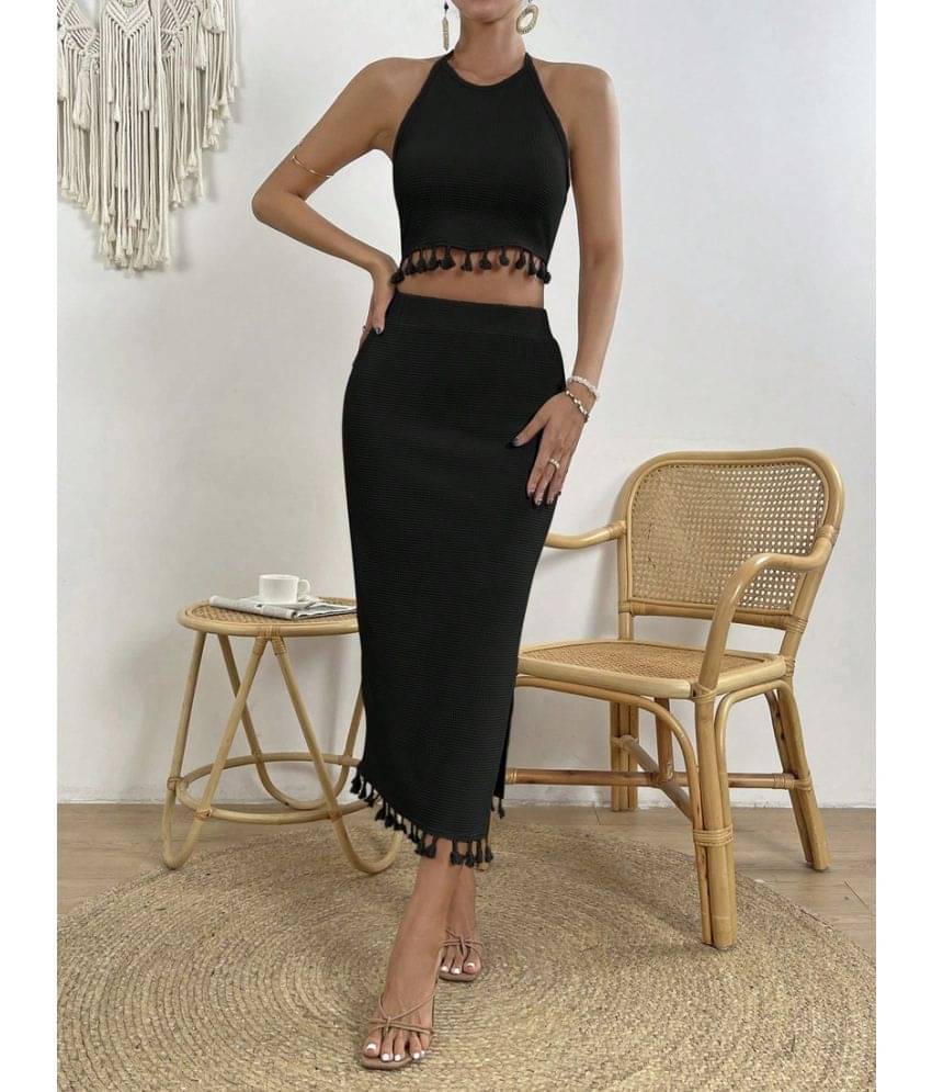     			COOL AND CASUAL Women Self Design Top With Skirt Co-Ord Set ( Black )
