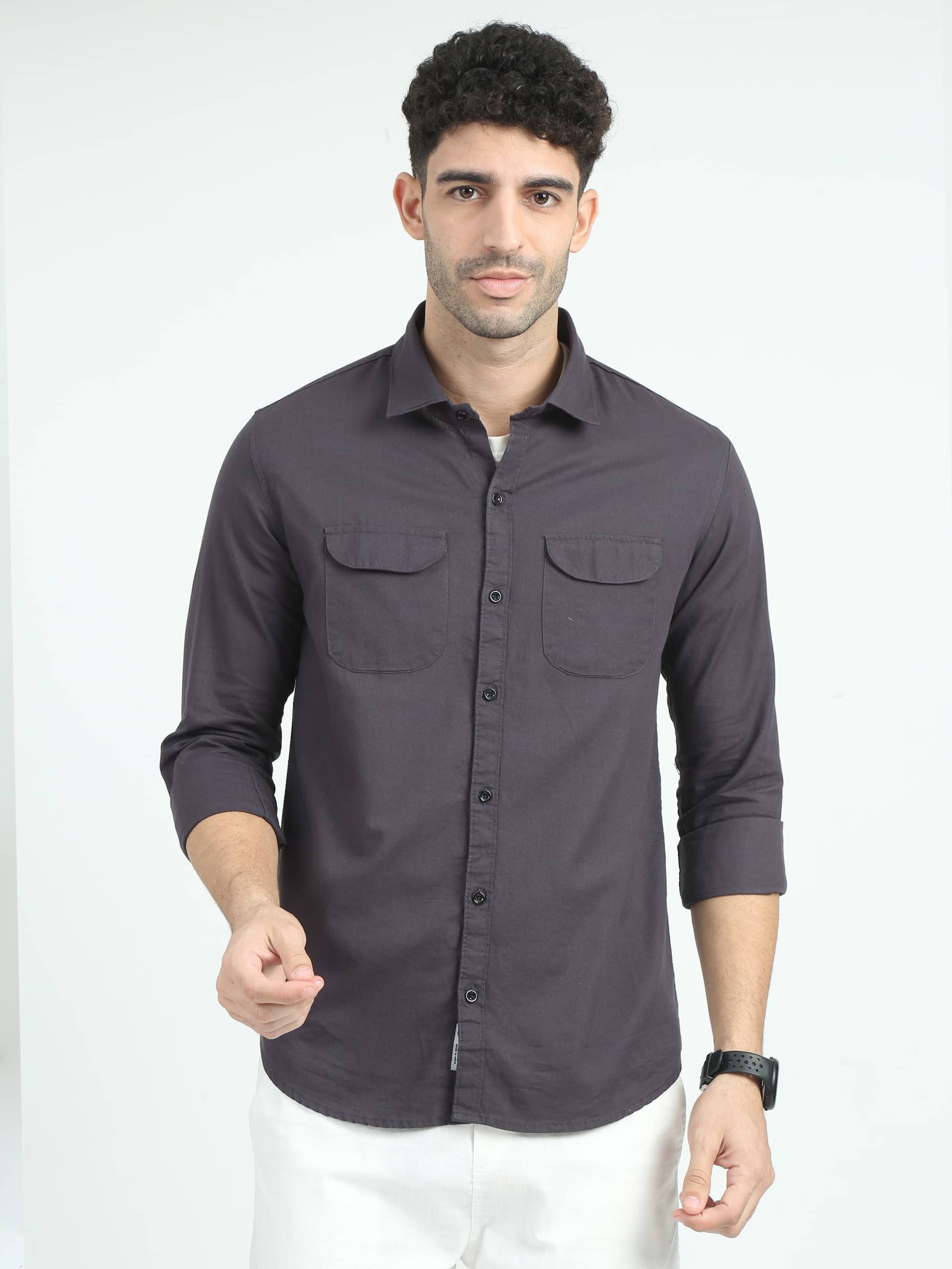     			HETIERS 100% Cotton Slim Fit Solids Full Sleeves Men's Casual Shirt - Dark Grey ( Pack of 1 )