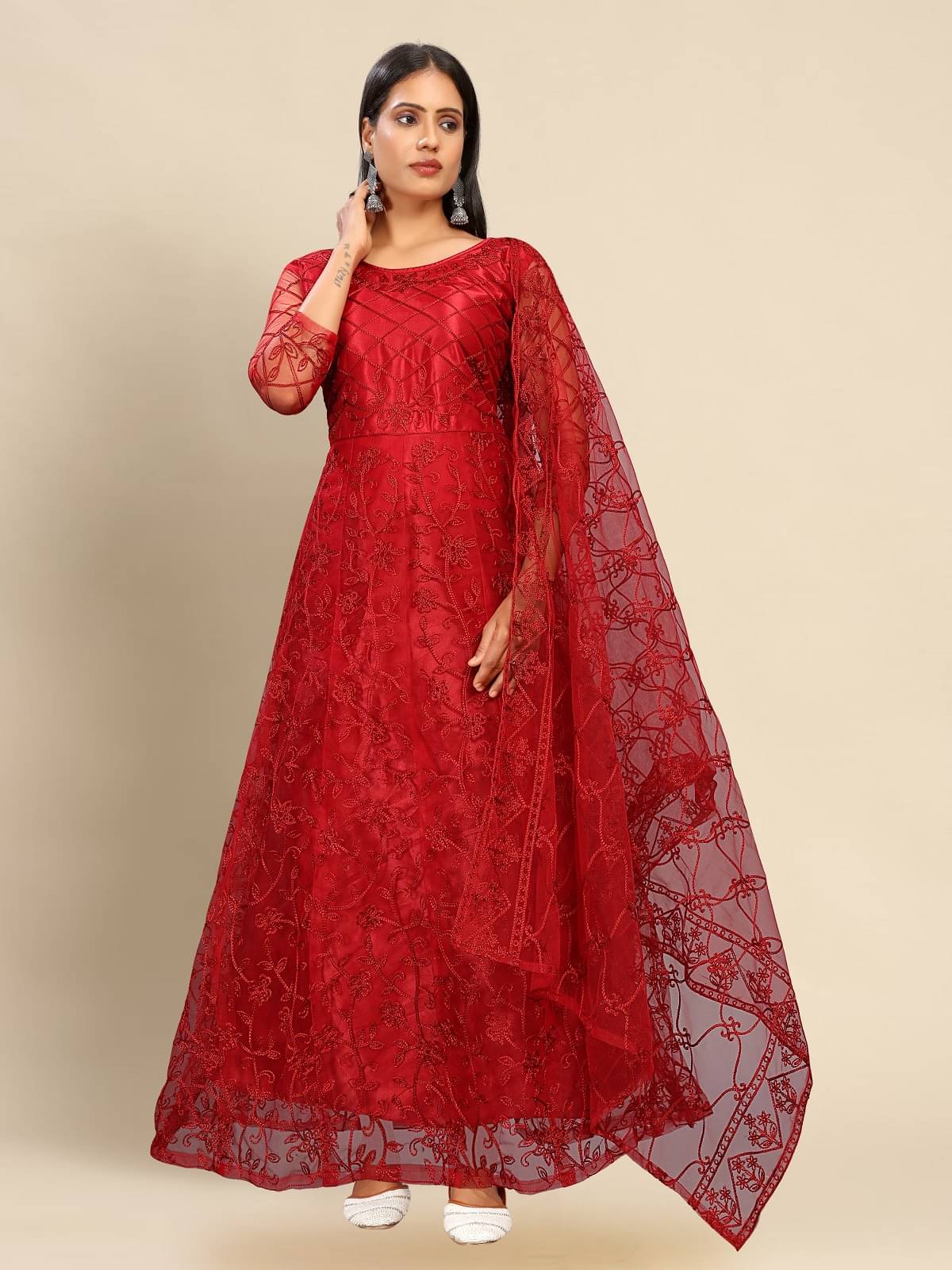 JULEE Maroon Flared Net Women's Semi Stitched Ethnic Gown ( Pack of 1 ) JULEE Maroon Flared Net Women's Semi Stitched Ethnic Gown ( Pack of 1 )