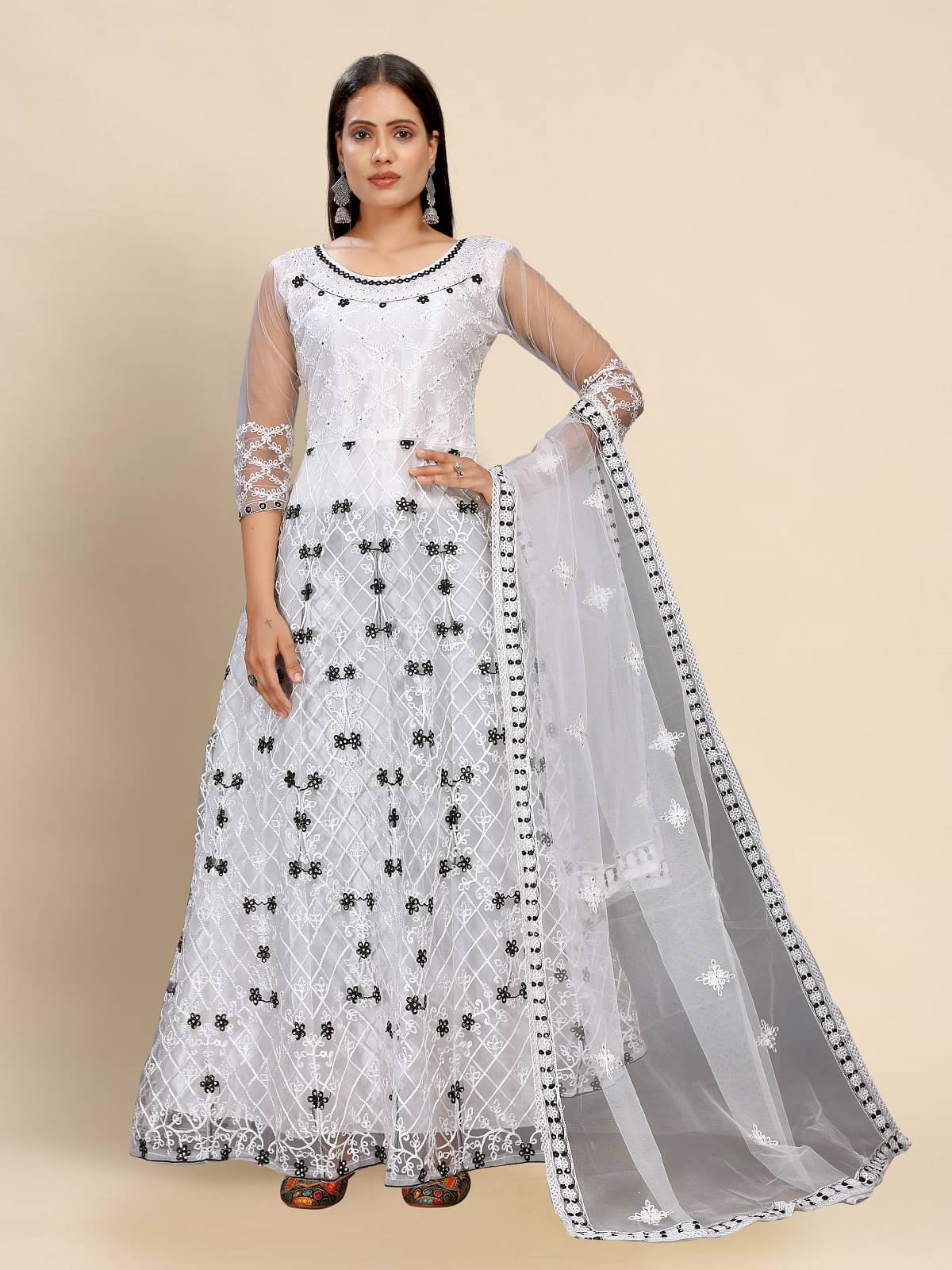     			JULEE White Flared Net Women's Semi Stitched Ethnic Gown ( Pack of 1 )