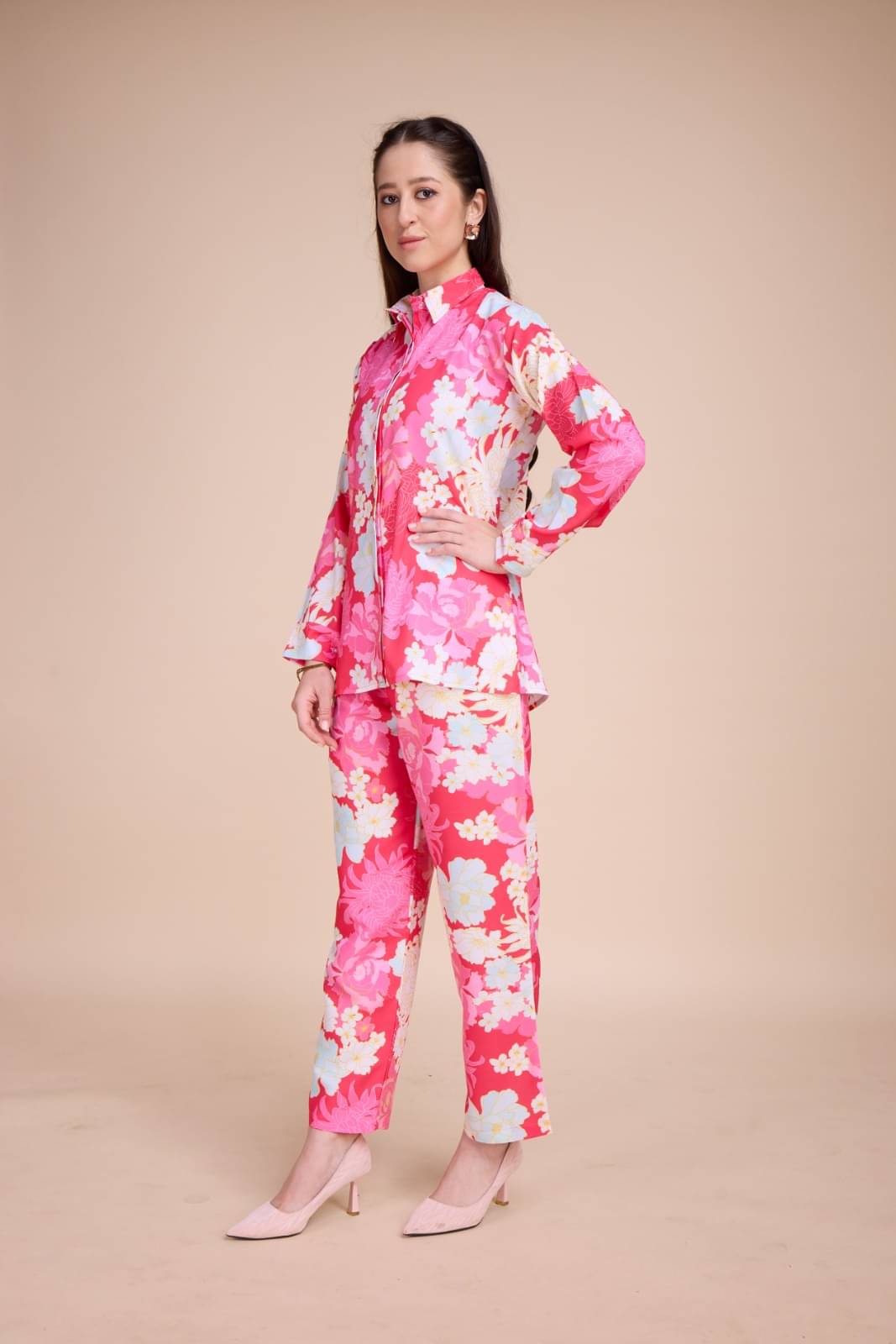     			Kandora Women Printed Shirt With Trousers Co-Ord Set ( Pink )