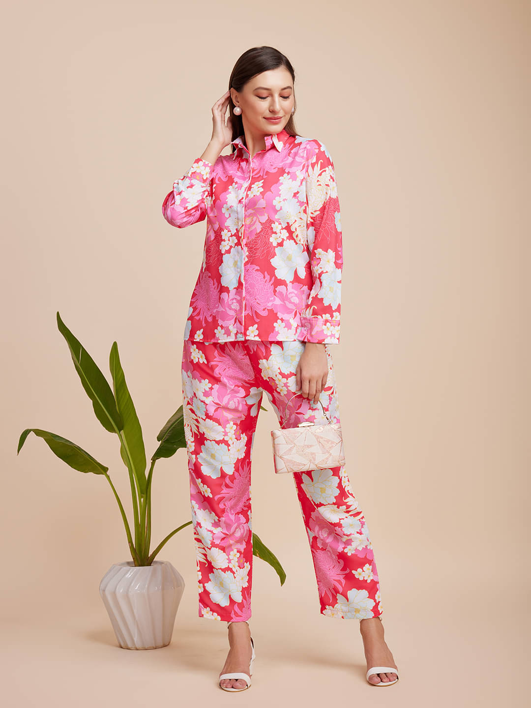     			Kandora Women Printed Shirt With Trousers Co-Ord Set ( Pink )