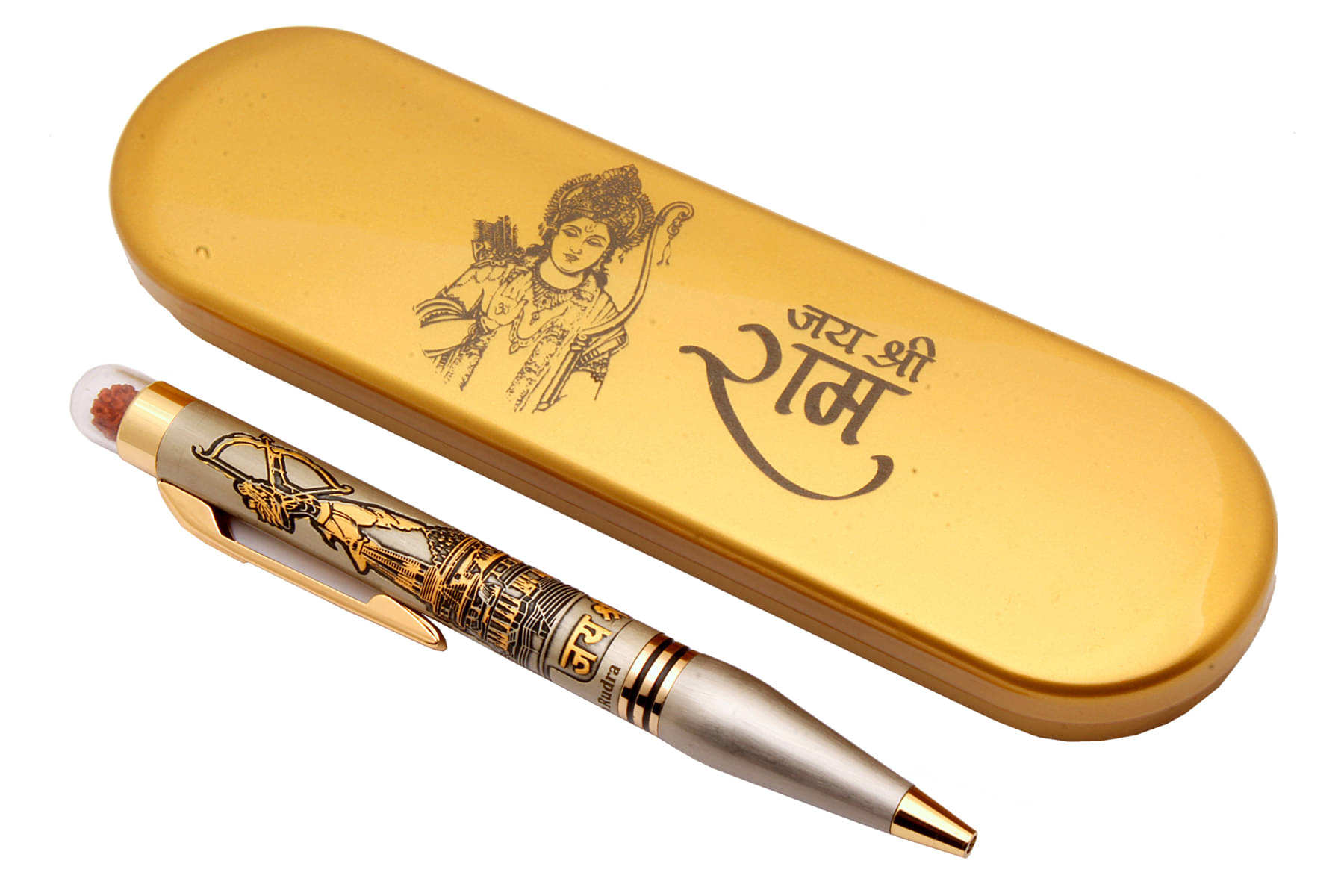     			Lord Ram Ayodhya Mandir & Rudraksha Edition Ballpoint Pen Silver Metal Body & Golden Trims With Box