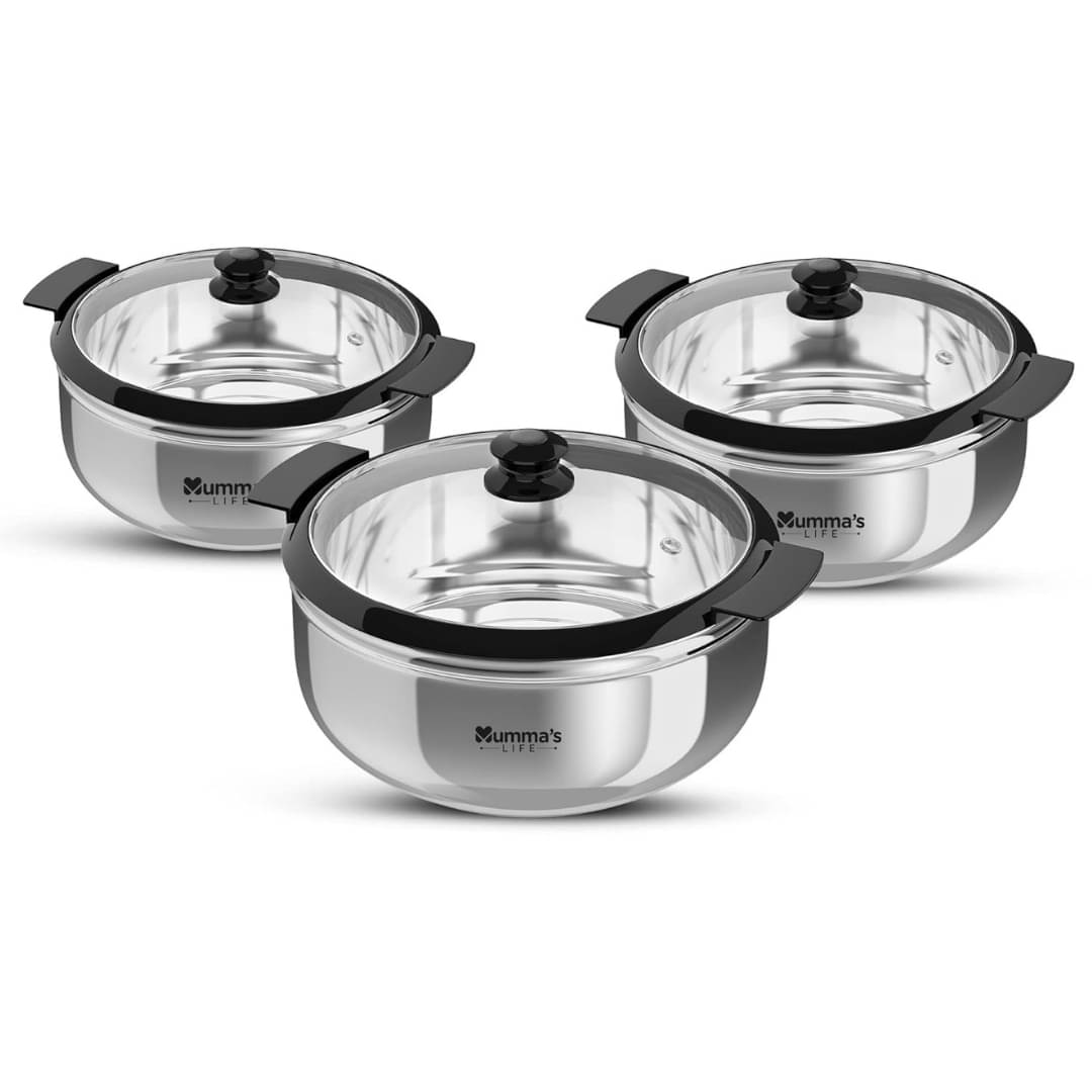     			Mumma's Life Silver Steel Serve Casserole ( Set of 3 , 2500,3500,4680 mL )