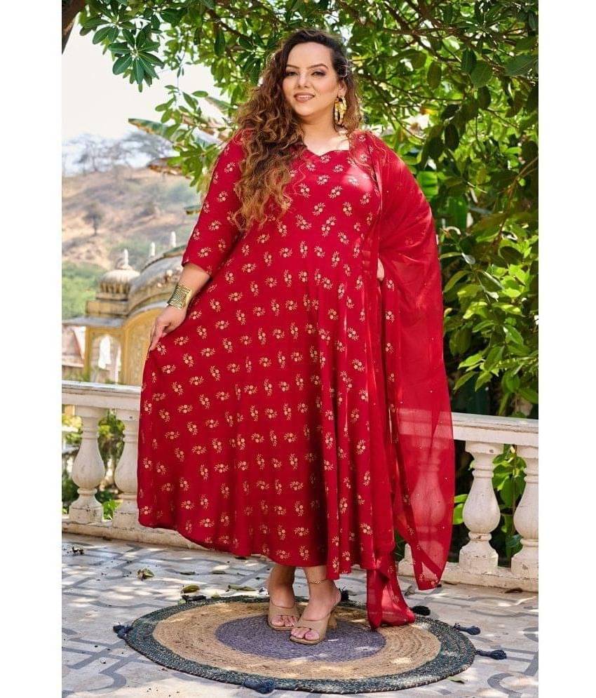 PrettyPlus by Desinoor.com Rayon Printed Anarkali Women's Kurti with Dupatta - Maroon ( Pack of 1 ) PrettyPlus by Desinoor.com Rayon Printed Anarkali Women's Kurti with Dupatta - Maroon ( Pack of 1 )
