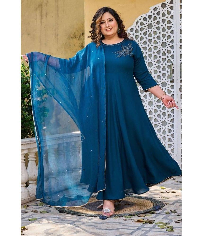     			PrettyPlus by Desinoor.com Rayon Embellished Anarkali Women's Kurti with Dupatta - Teal ( Pack of 1 )