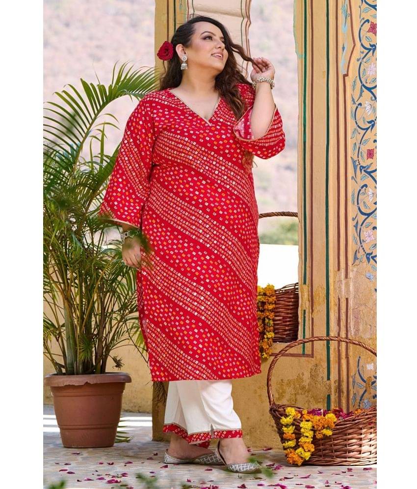 PrettyPlus by Desinoor.com Rayon Printed Kurti With Pants Women's Stitched Salwar Suit - Red ( Pack of 1 ) PrettyPlus by Desinoor.com Rayon Printed Kurti With Pants Women's Stitched Salwar Suit - Red ( Pack of 1 )