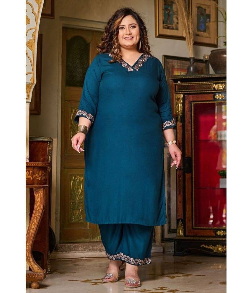 PrettyPlus by Desinoor.com Rayon Embroidered Kurti With Pants Women's Stitched Salwar Suit - Teal ( Pack of 1 ) PrettyPlus by Desinoor.com Rayon Embroidered Kurti With Pants Women's Stitched Salwar Suit - Teal ( Pack of 1 )