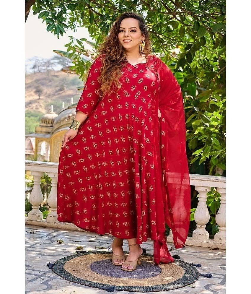 PrettyPlus by Desinoor.com Rayon Printed Anarkali Women's Kurti with Dupatta - Maroon ( Pack of 1 ) - Kurtis, Tunics | Buy online on ZillyBuy