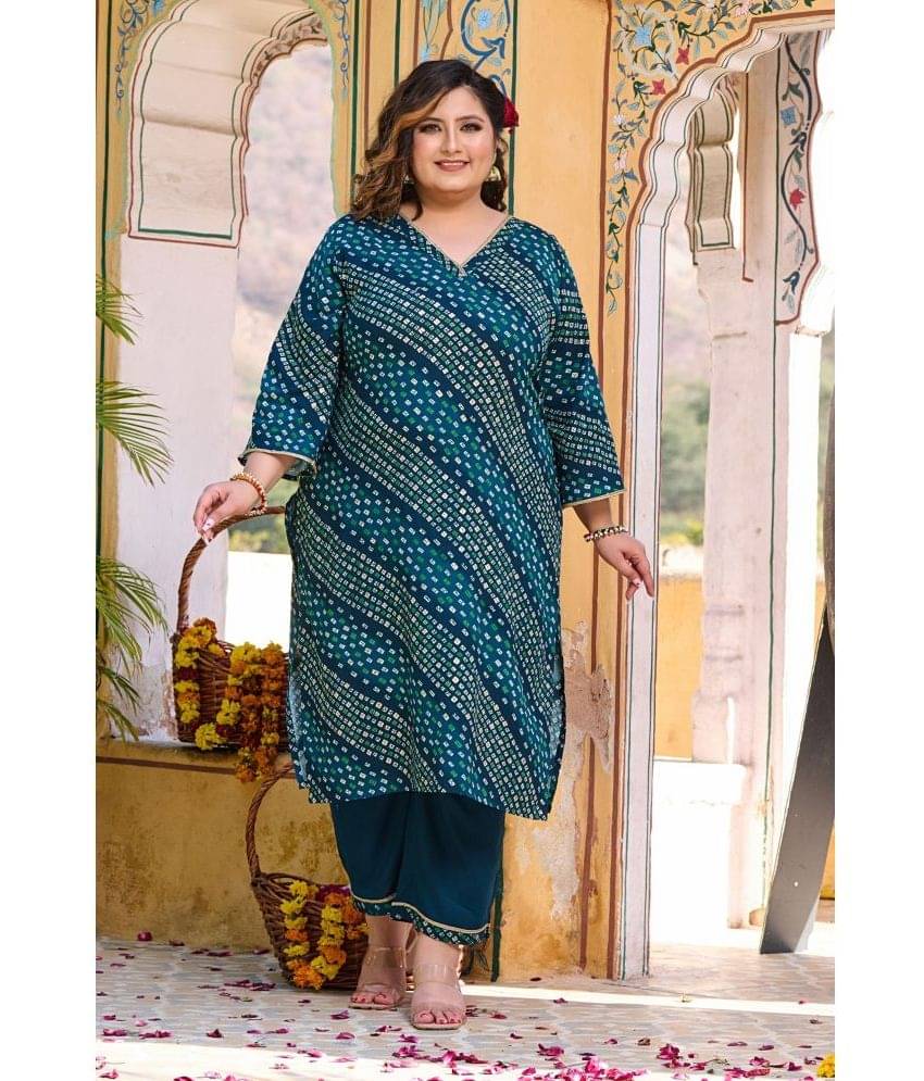 PrettyPlus by Desinoor.com Rayon Printed Kurti With Pants Women's Stitched Salwar Suit - Teal ( Pack of 1 ) PrettyPlus by Desinoor.com Rayon Printed Kurti With Pants Women's Stitched Salwar Suit - Teal ( Pack of 1 )