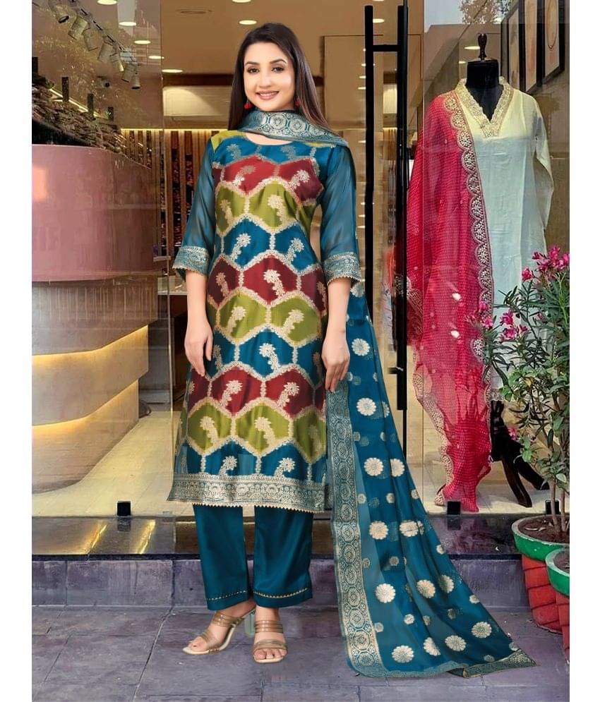 SHNAKHPUSHPI Organza Printed Kurti With Pants Women's Stitched Salwar Suit - Blue ( Pack of 1 )     			SHNAKHPUSHPI Organza Printed Kurti With Pants Women's Stitched Salwar Suit - Blue ( Pack of 1 )